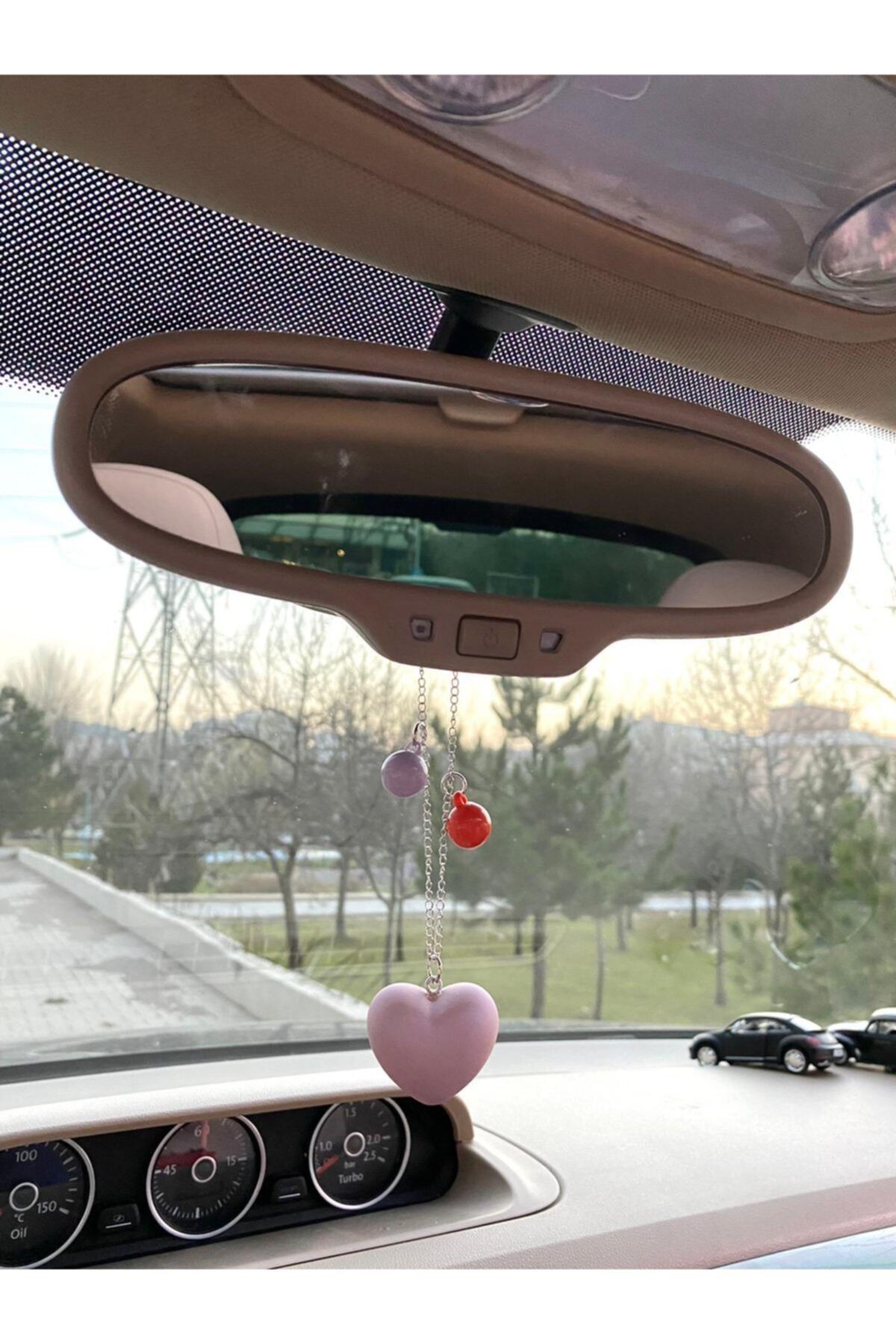S&E TASARIM Otomobil Dikiz Aynası Süsü Mini Kalp Toz Pembe Baloncuklu
