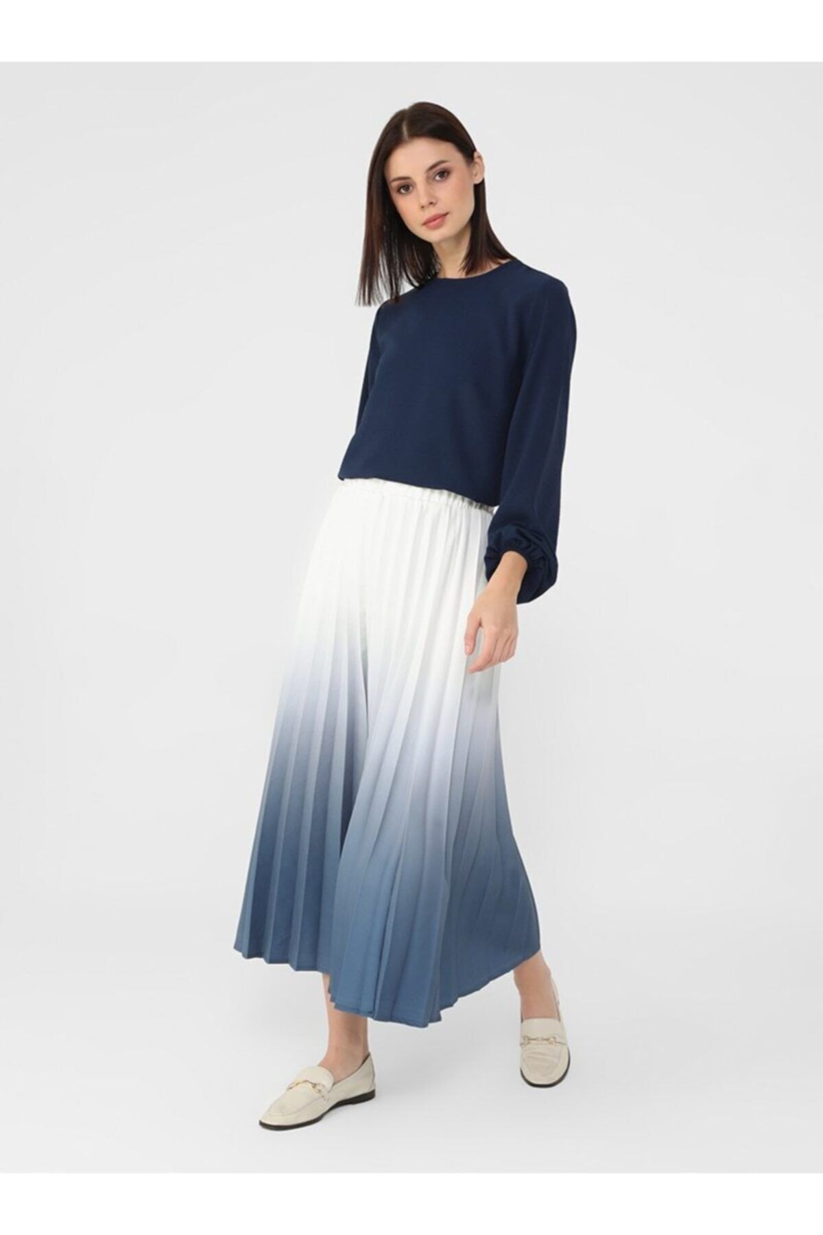Refka Degrade Baskılı Piliseli Etek - Off White Indigo - Casual