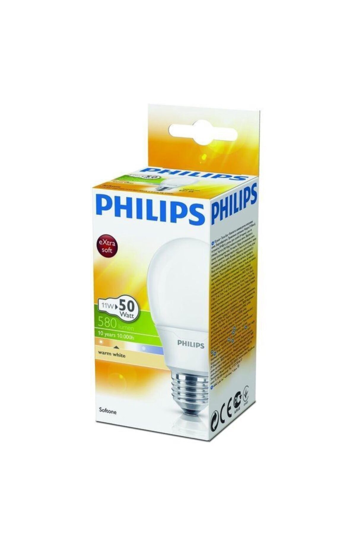 Philips 11w =50w Extra Soft Tone/580lumen/ Yumuşak Sarı Işık/e27(kalın) Duy/cam