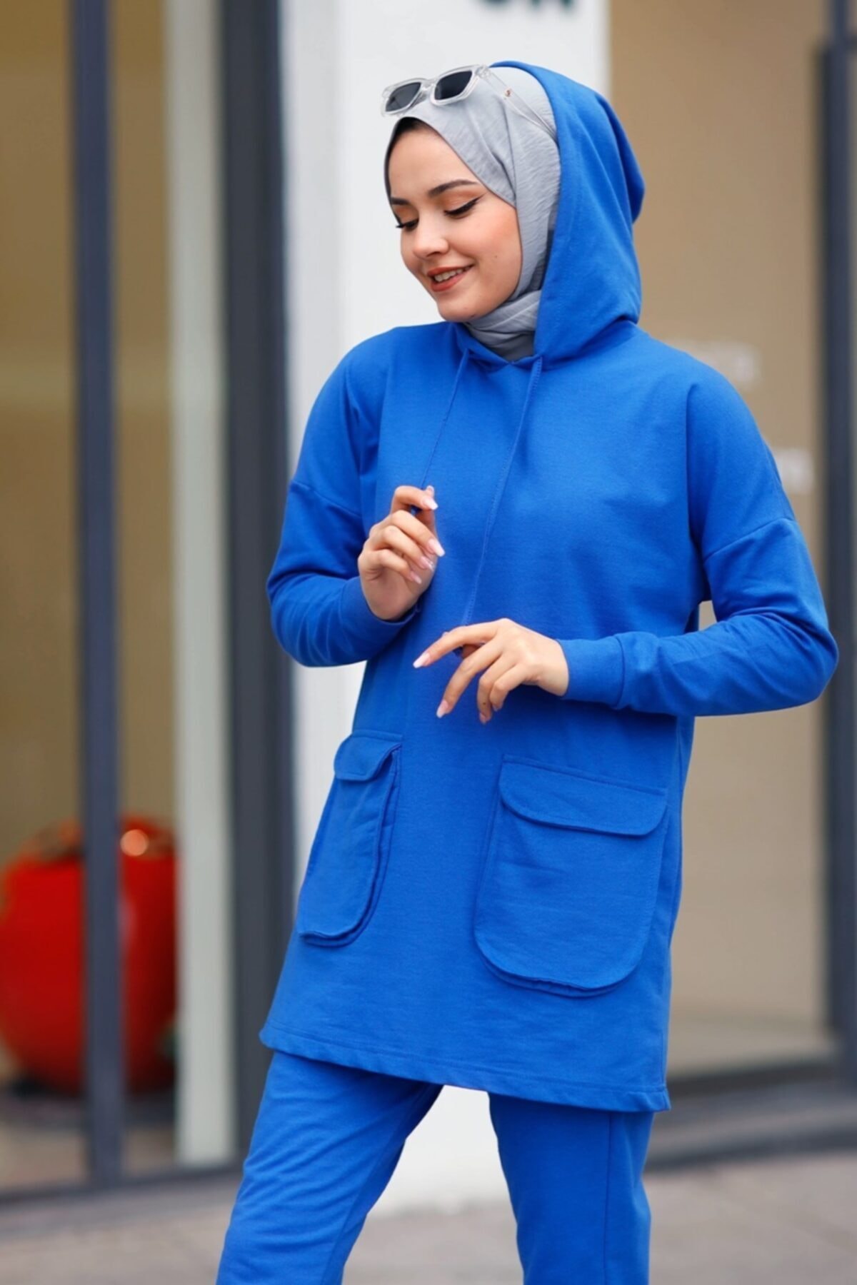 Bestenur Çift Kapak Cepli Kapüşonlu Iki Iplik Tunik Pantolon Ikili Takım 103 - Saks Mavisi