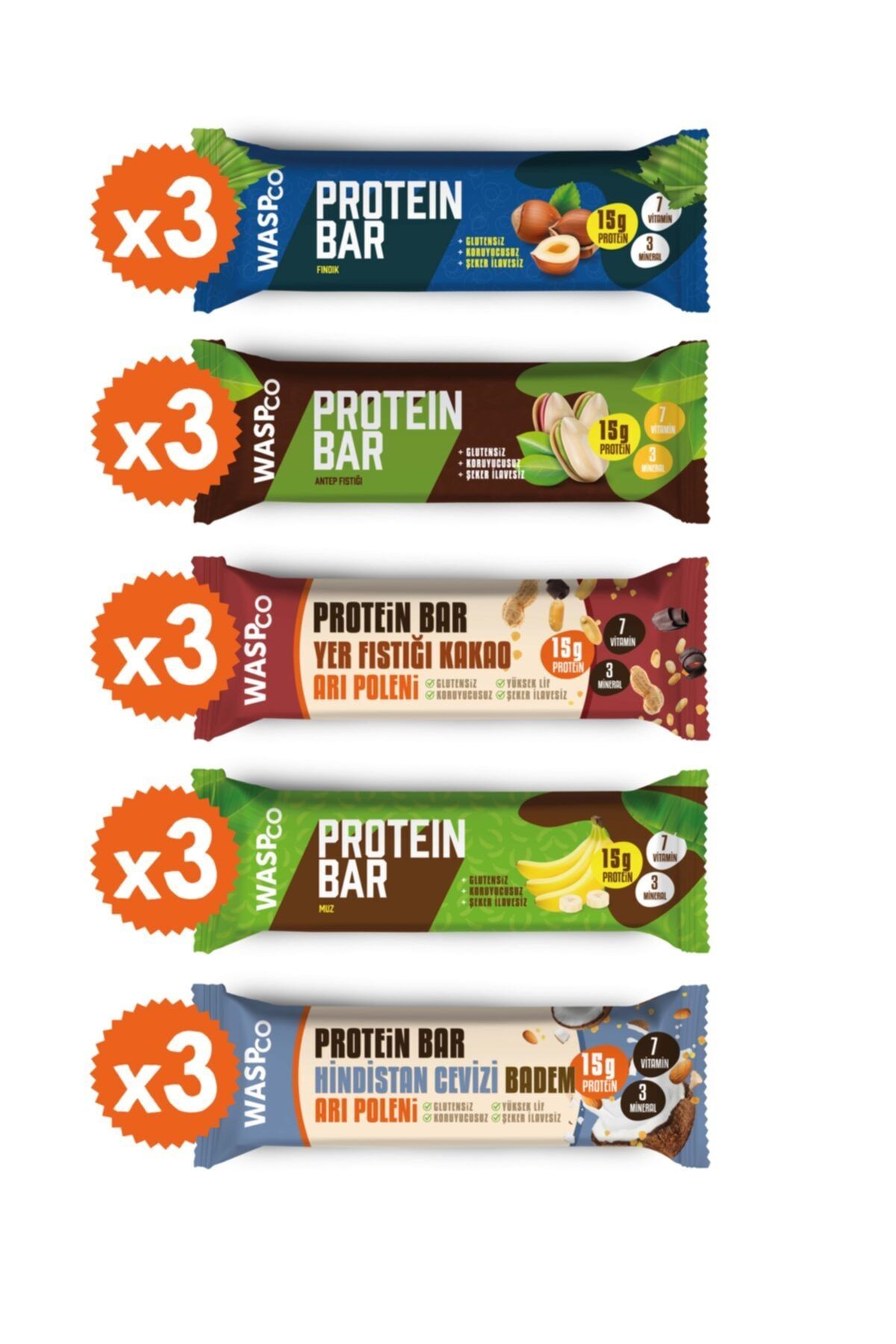 Wasp Yüksek Protein Bar Karma Kutu 50 g 5 Çeşit 3 x Adet