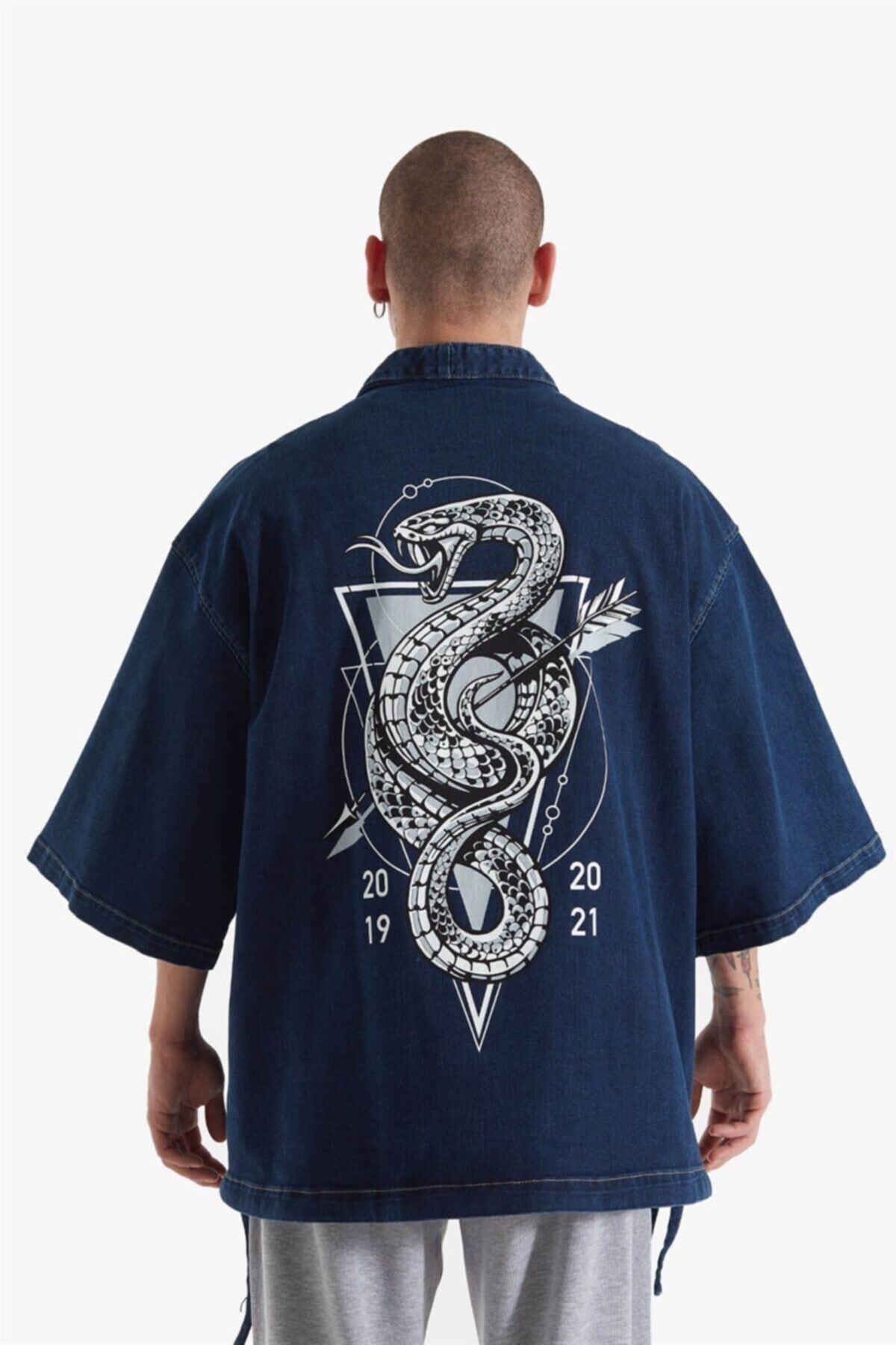 OhBro Koyu Mavi Baskılı Kot Kimono Ceket