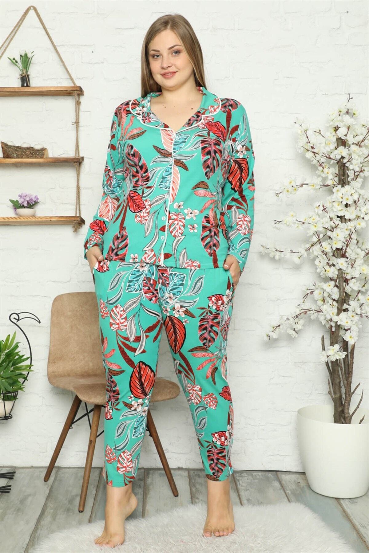 alfaze Kadın Pamuklu Cepli Uzun Kol Büyük Beden Pijama Takım 202049 Su Yeşili