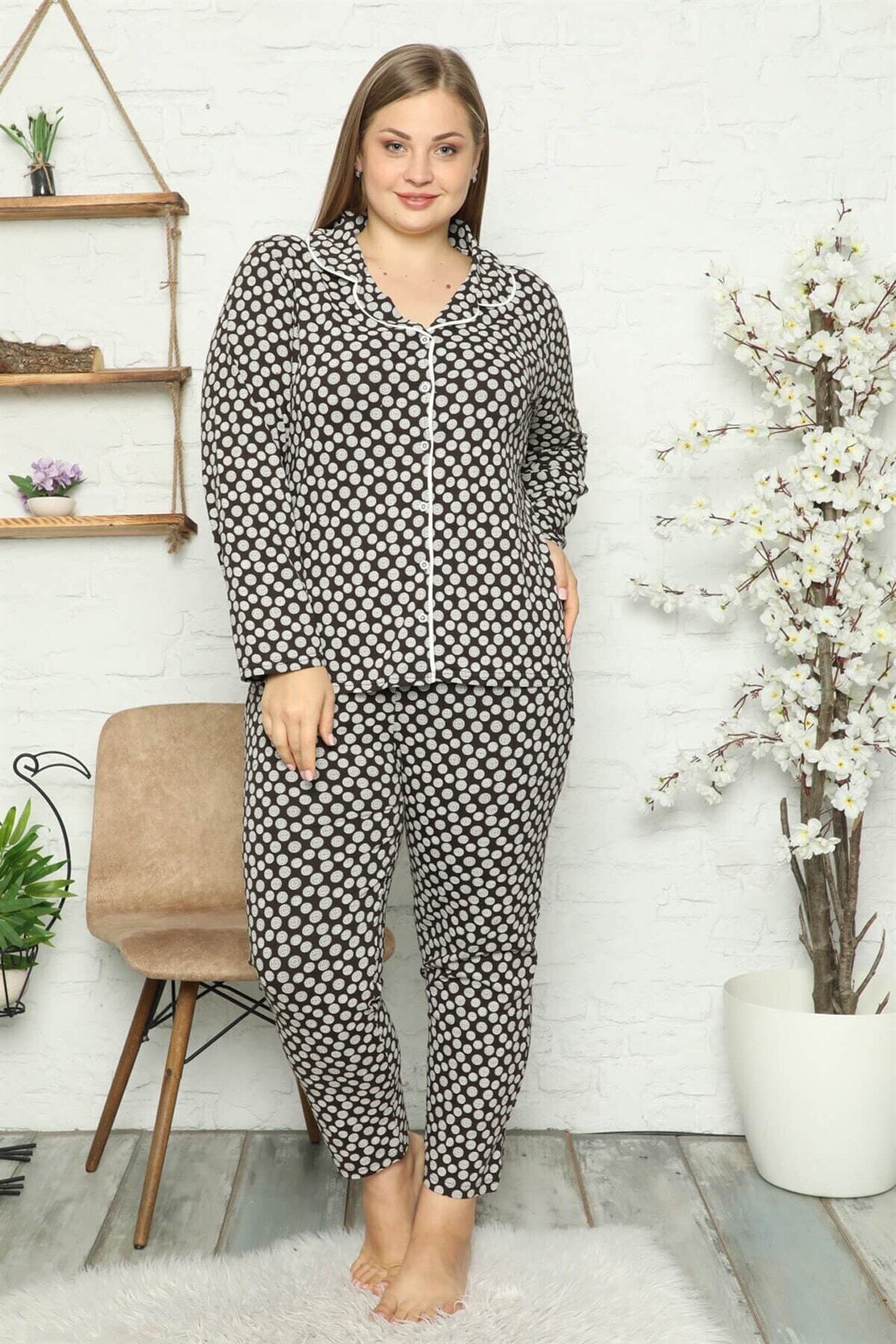 alfaze Kadın Pamuklu Cepli Uzun Kol Büyük Beden Pijama Takım 202045 Kahve