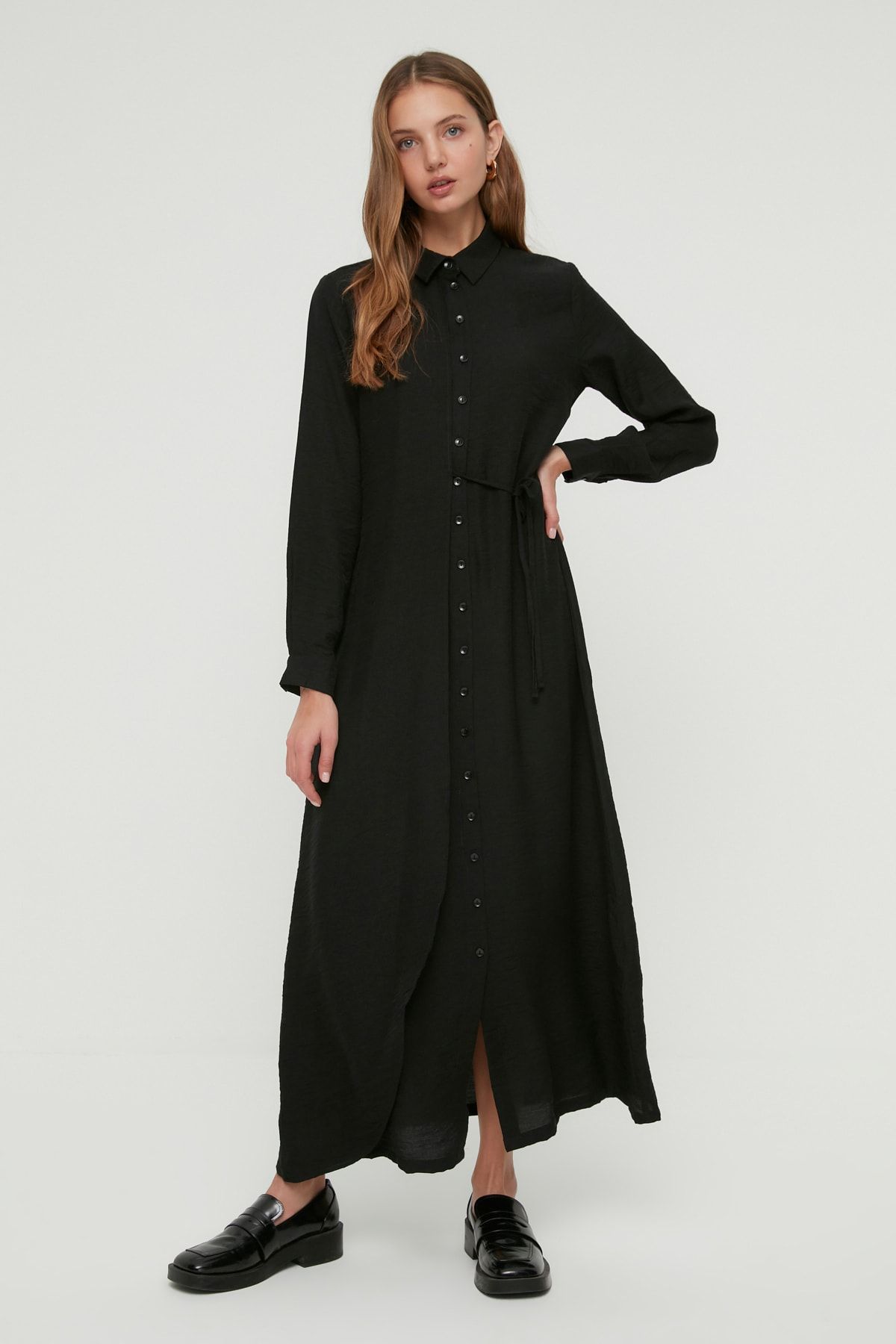 Trendyol Modest Siyah Gömlek Yaka Büzgü Detaylı Gömlek Elbise TCTSS22EB0025