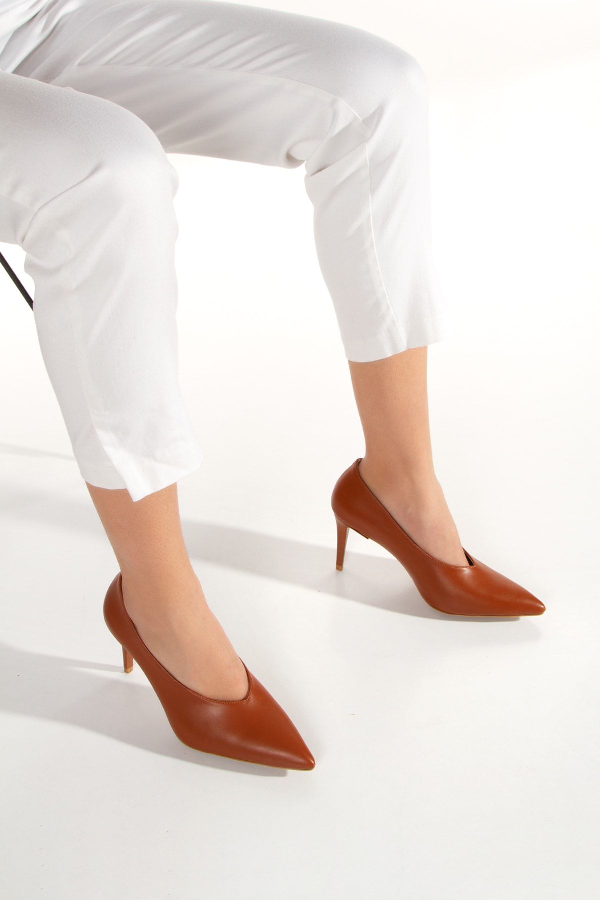 SAYL Kadın Taba Sivri Burun Stiletto Ince Topuklu Ayakkabı
