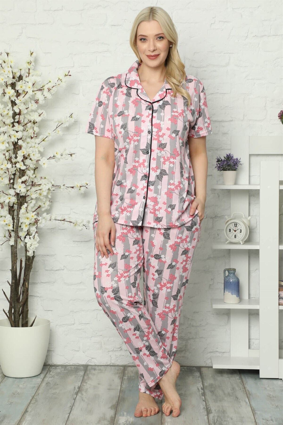 alfaze Kadın Pamuklu Cepli Kısa Kol Büyük Beden Pijama Takım 202027 Pembe Gri