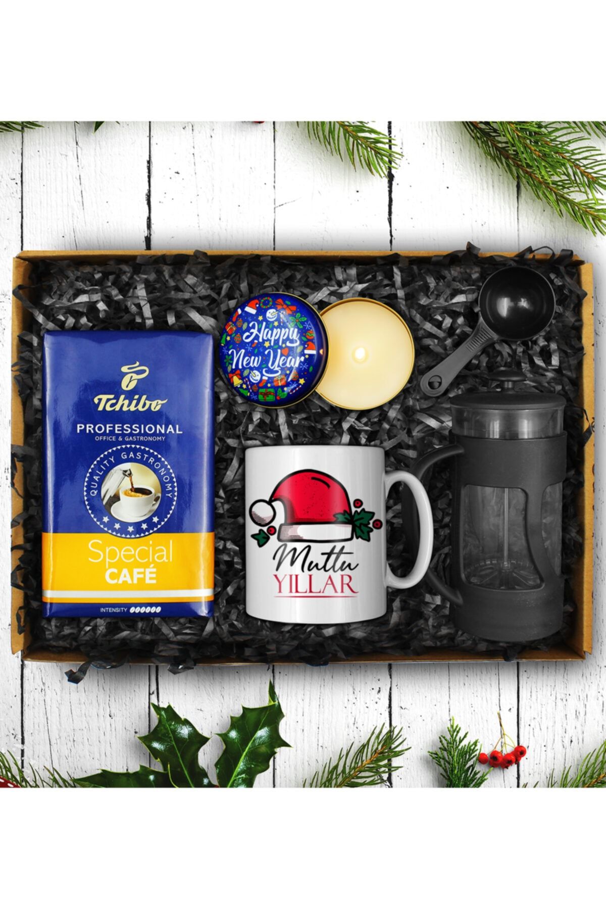Apollon Gift Yılbaşına Özel Tasarım Kupa ve Tchibo 250 Gram Filtre Kahve ve French Press ve Yılbaşı Mumu