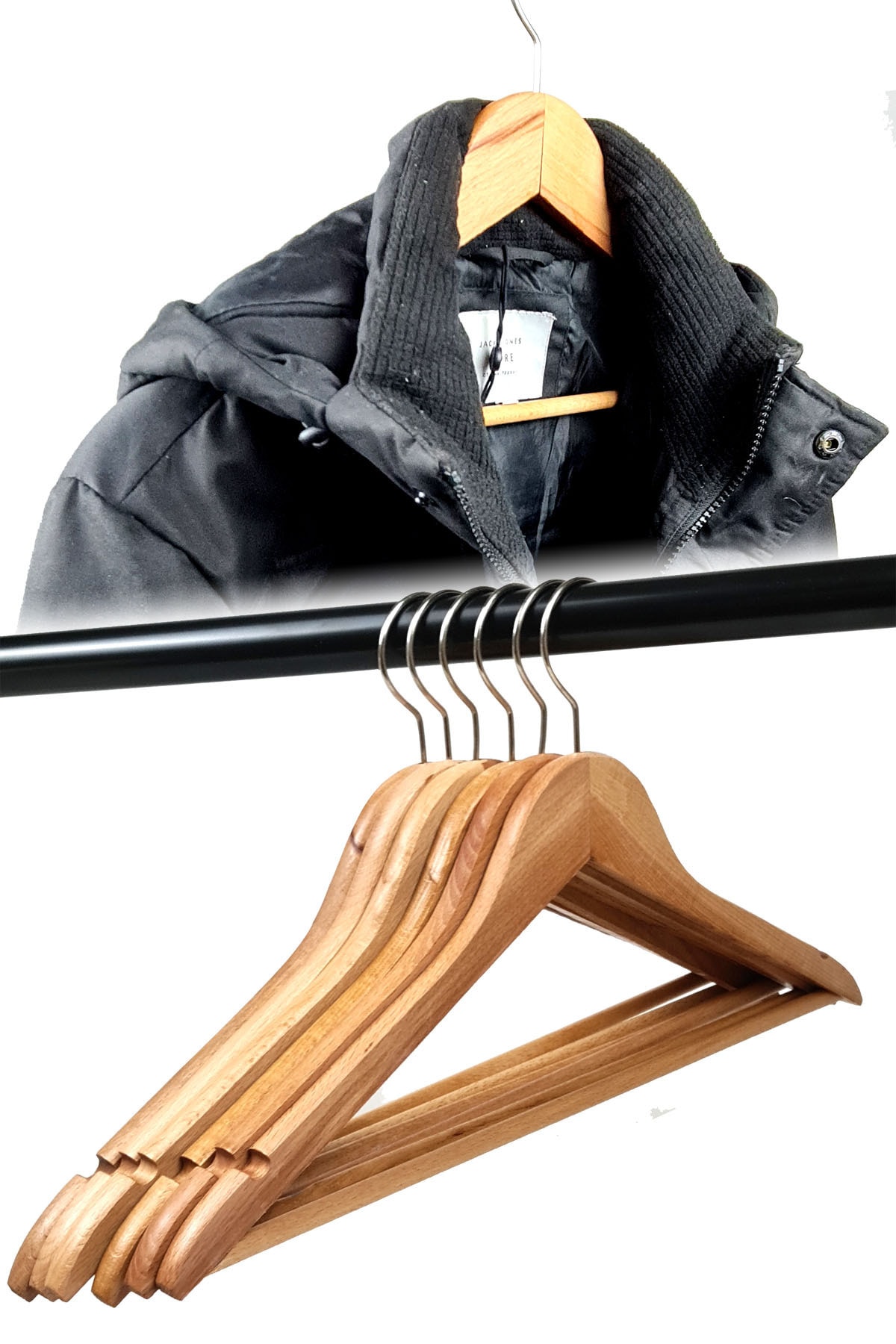 Binbirreyon Doğal Ahşap Elbise Askısı 6 Adetli Set Natural 44,5cm De042