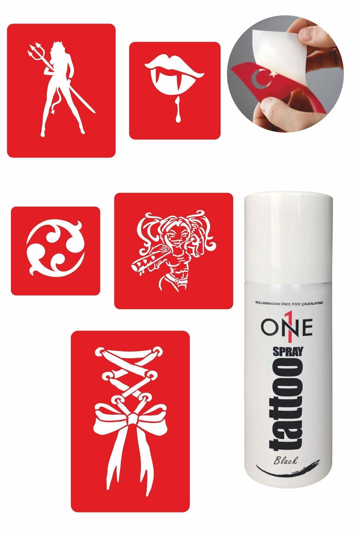 ONE SPRAY TATTOO Kurdela Dudak Dövmesi Siyah Tattoo Sprey ve 5 Adet Geçici Dövme Deseni Seti