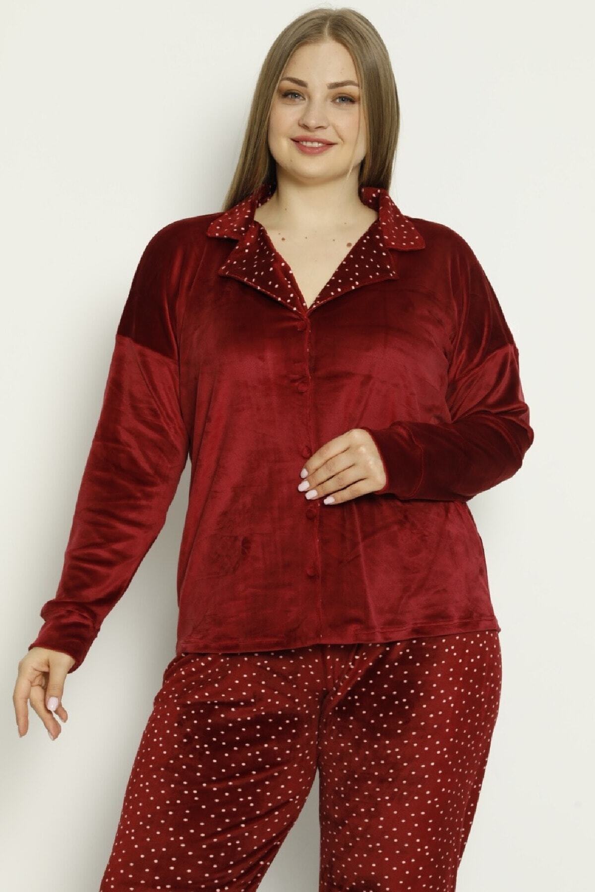 PİJAMAWOME Kadın Fransız Kadife Bordo Puanlı Önden Düğmeli Pijama Takımı