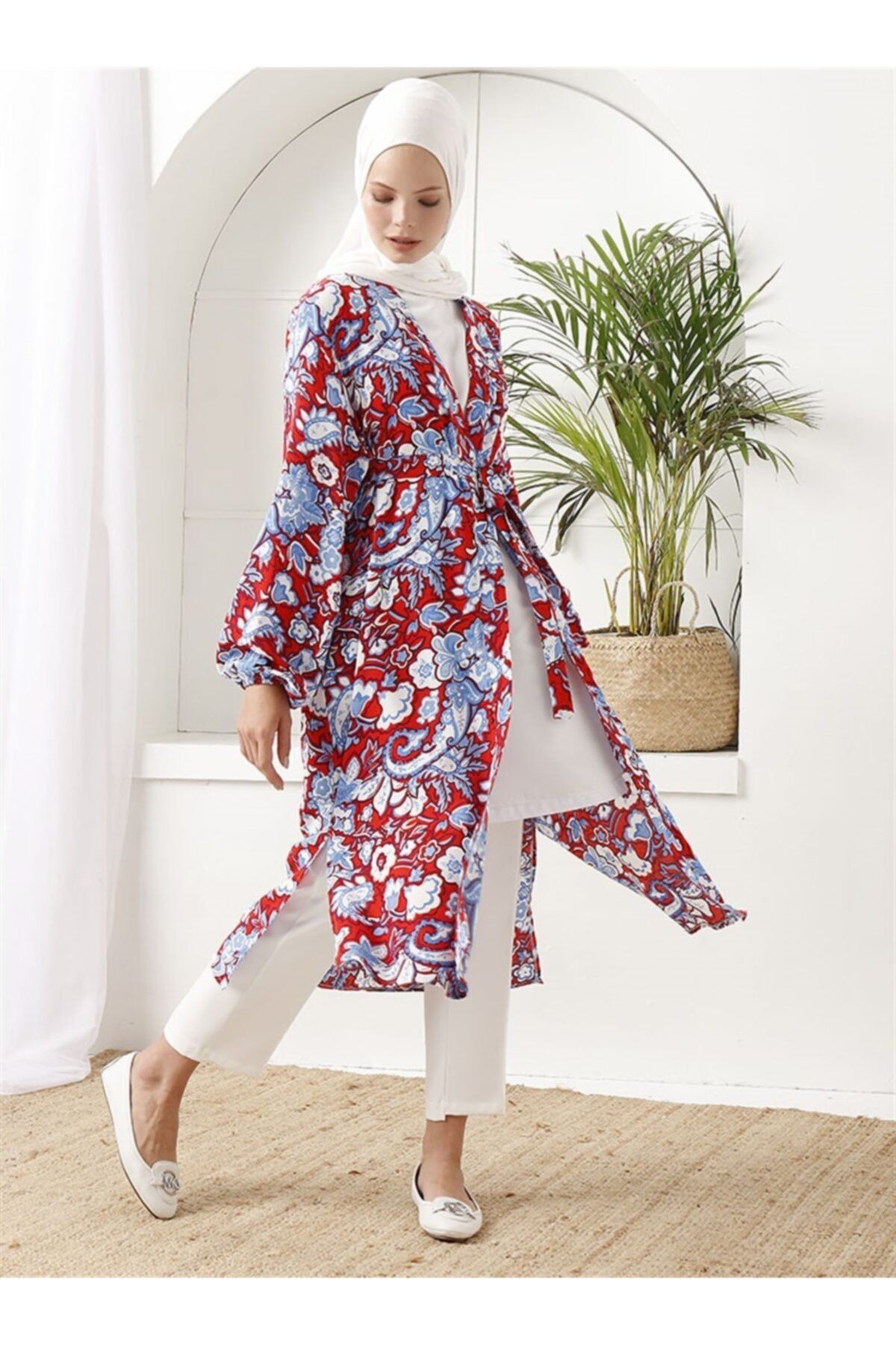 Vamelya Desenli Kimono Kırmızı Marin