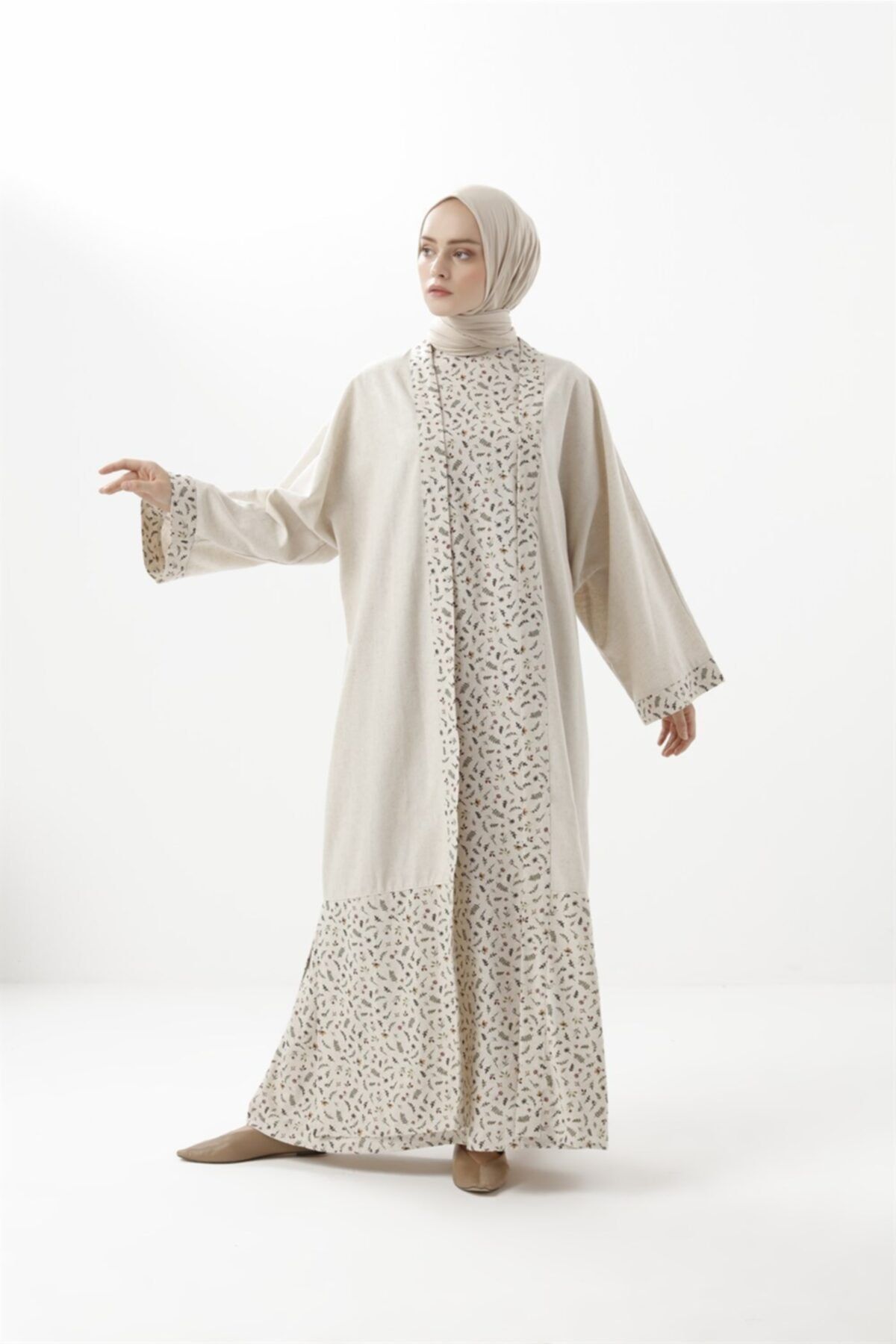 Vamelya Keten Karışımlı Desenli Kimono Bej-camel