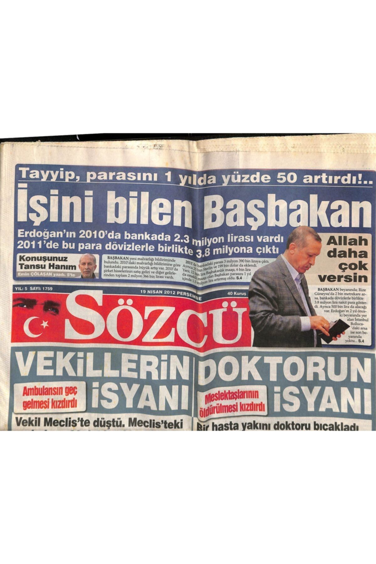 Gökçe Koleksiyon Sözcü Gazetesi 19 Nisan 2012 - Onur Air Pilotu Olivier Uçaktan Düşerek Öldü