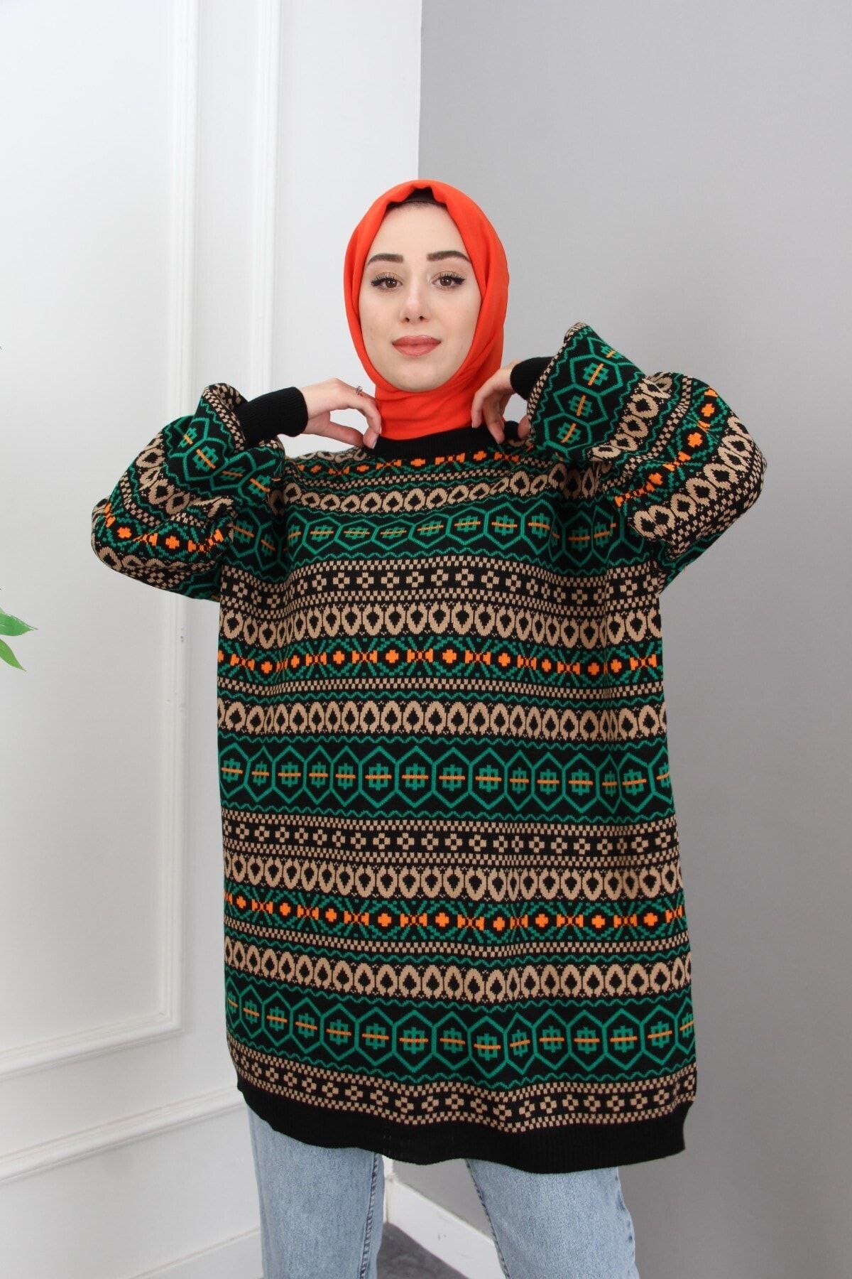 Esvet Etnik Desenli Ara Boy Tesettür Turuncu Kazak