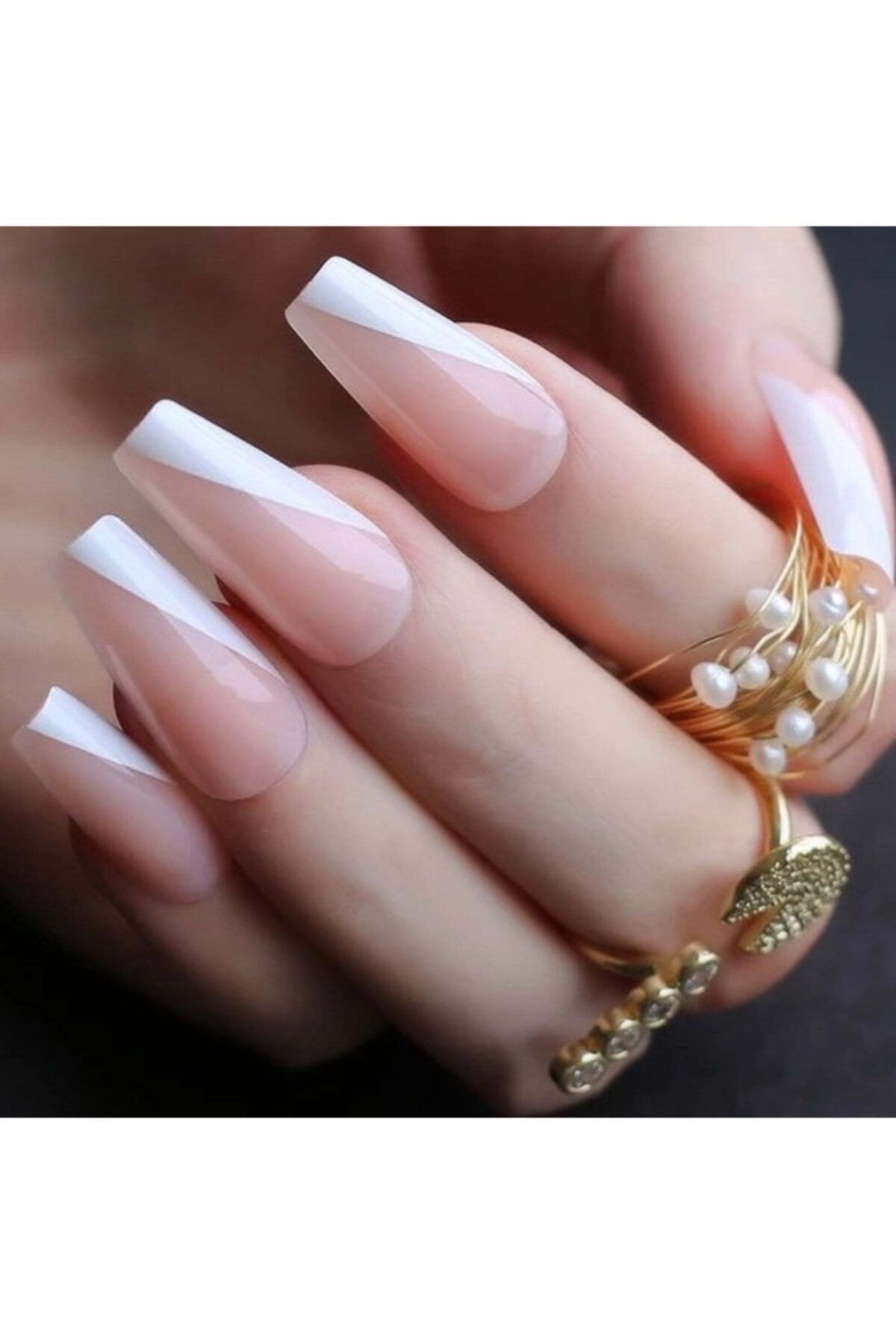EDA LUXURY BEAUTY Natürel Pembe Beyaz French Takma Tırnak Lüks Doğal Desenli Extra Uzun Kare Ballerina Nail Art Set
