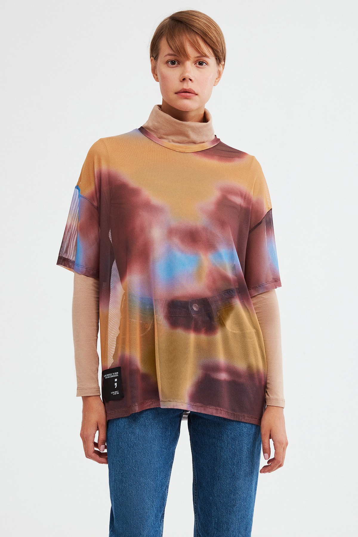 GRIMELANGE Bonbon Kadın Kahverengi Batik Desenli Tül Bisiklet Yaka Oversize T-shirt