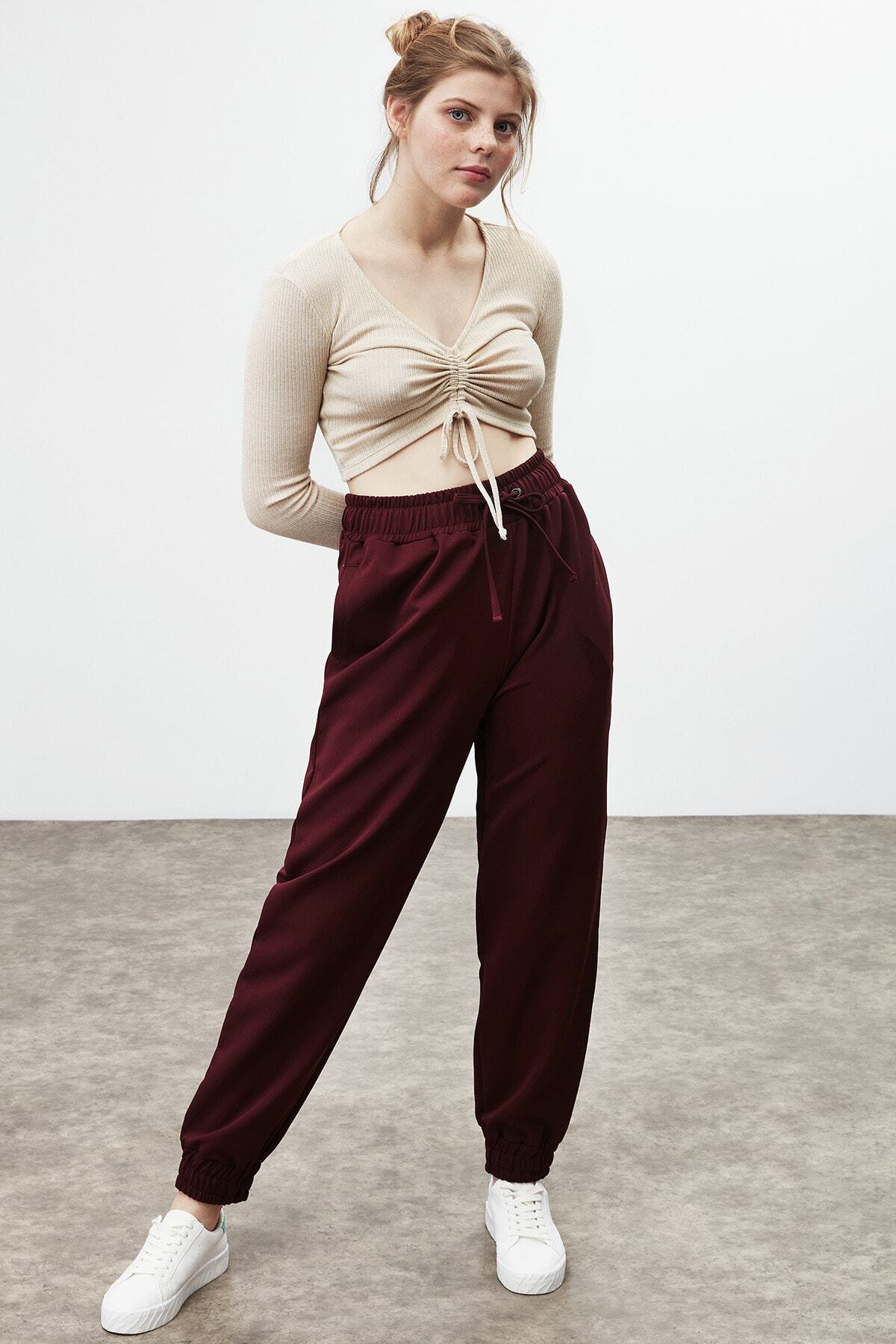 GRIMELANGE Angelıca Kadın Bordo Düz Renk Comfort Pantolon