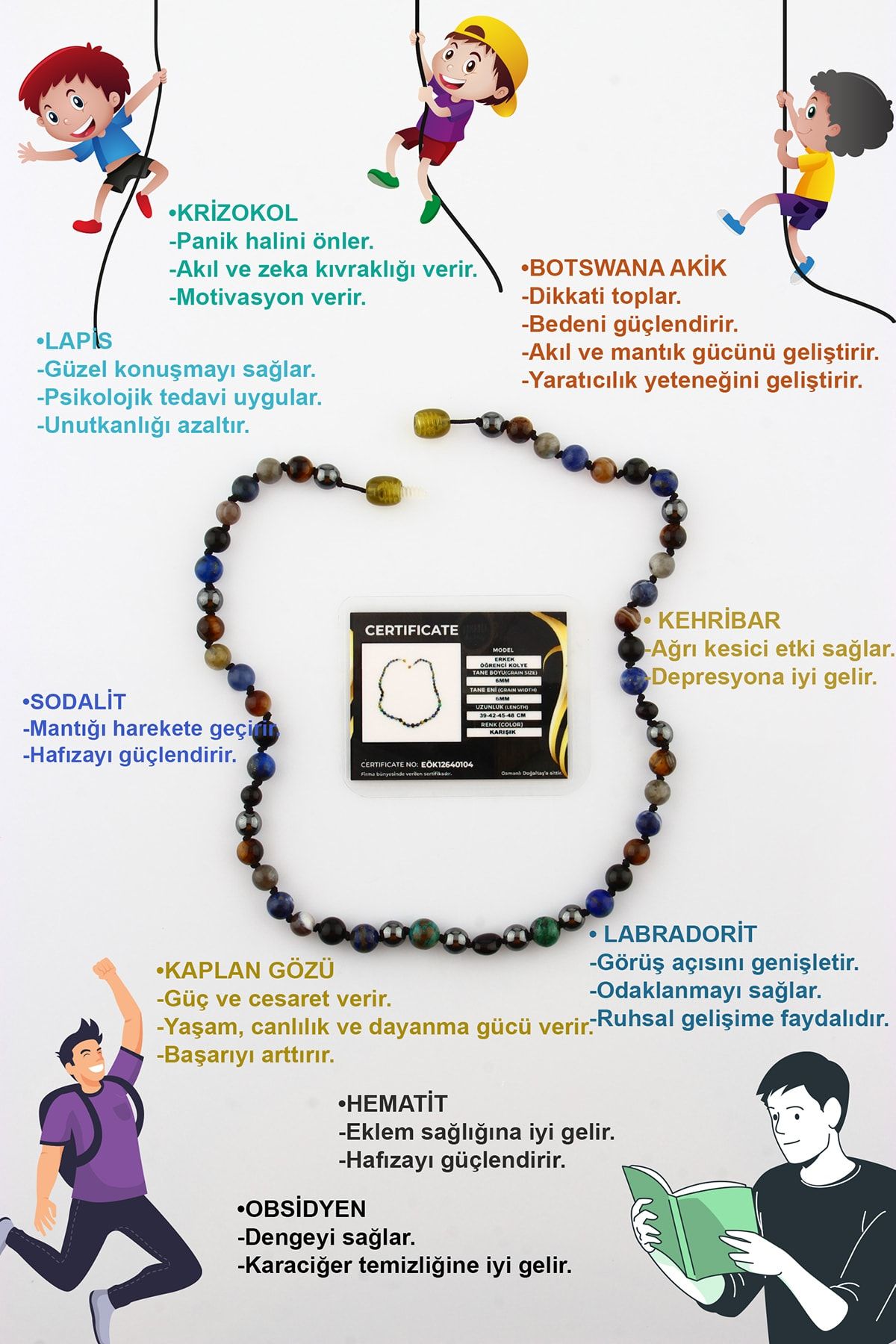 OSMANLI DOĞAL TAŞ Öğrenci Kolyesi-kaplan Gözü-dumanlı Kuvars-havlit-lapis-labradorit-kehribar-obsidyen ( 48 Cm )