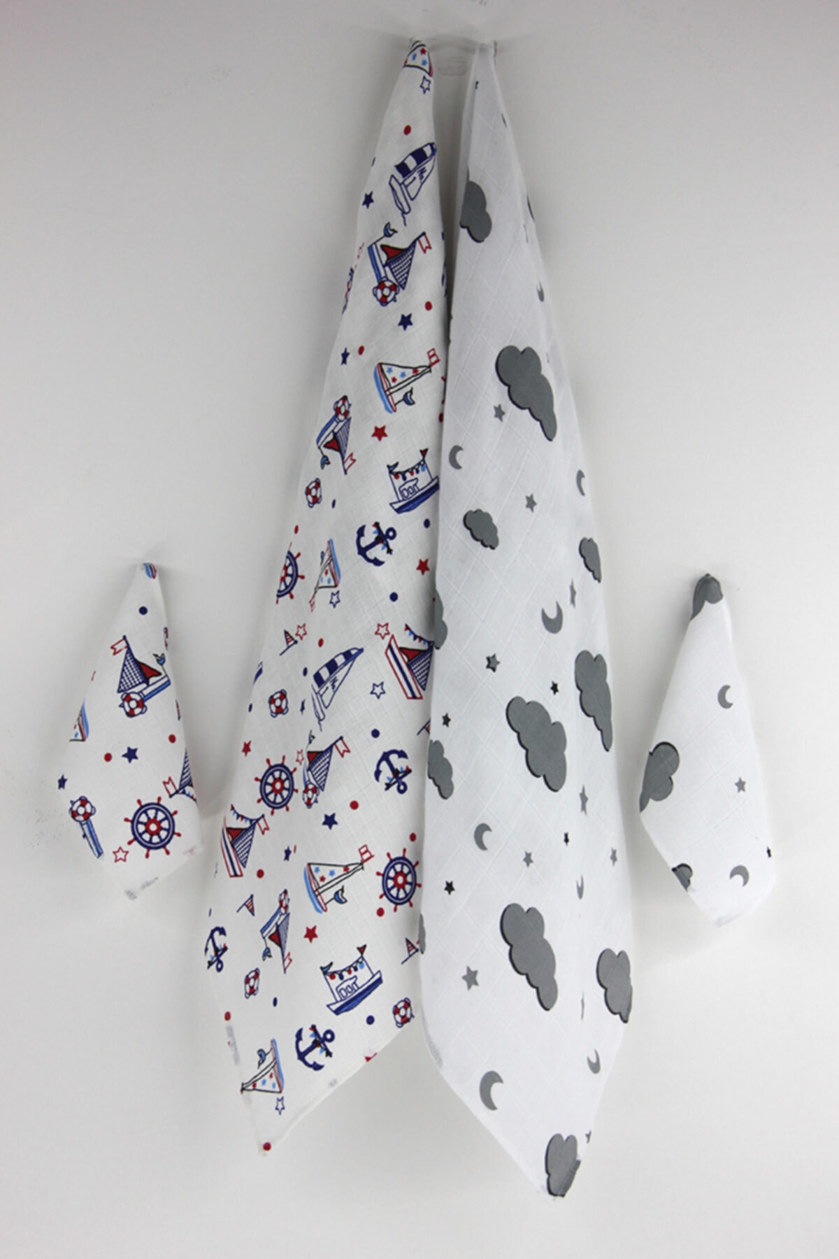 Deta Furniture Gemi Ve Bulut Desen 2 Adet Müslin Bezi Örtüsü 60x80 Ve 2 Adet Ağız Mendili