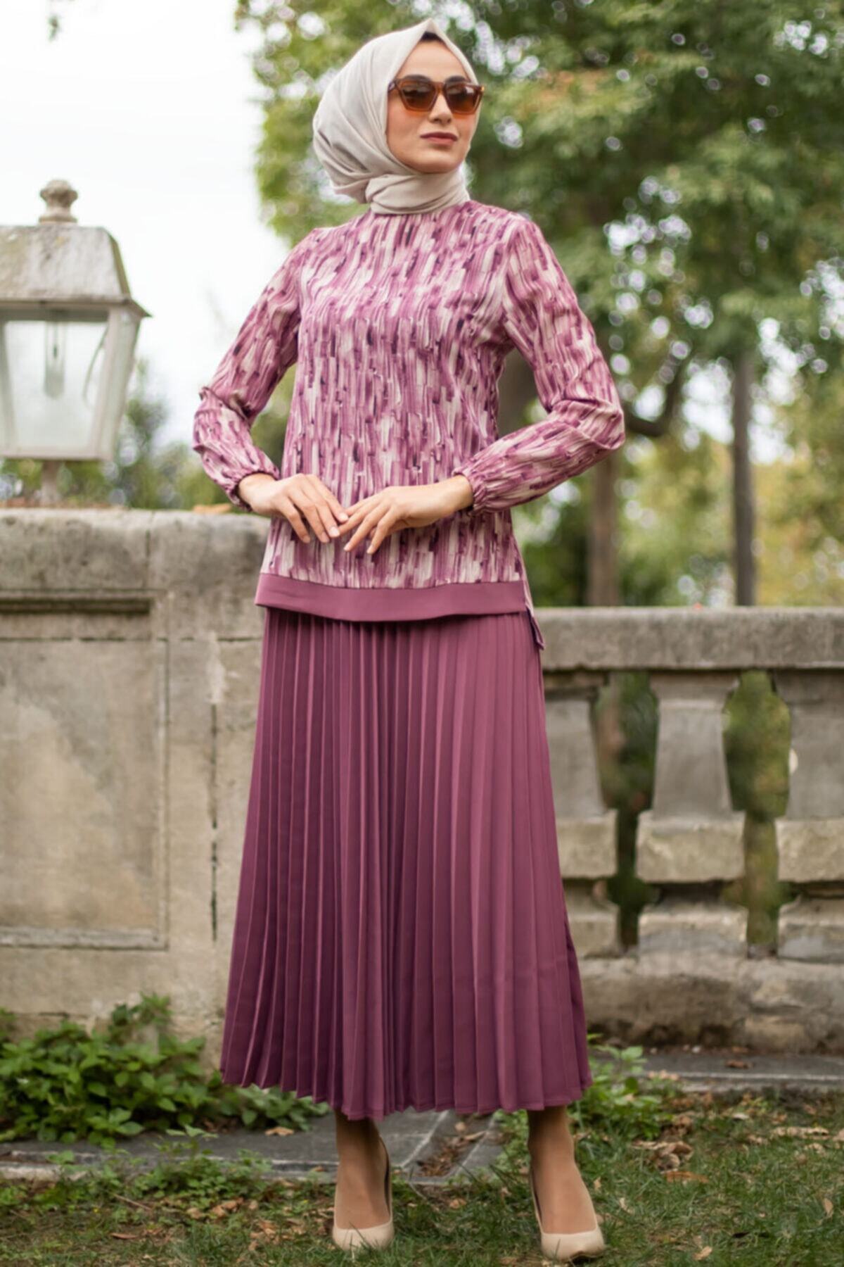 Feiza Collection Pilise Etekli Ikili Tesettür Takım - Gül Kurusu