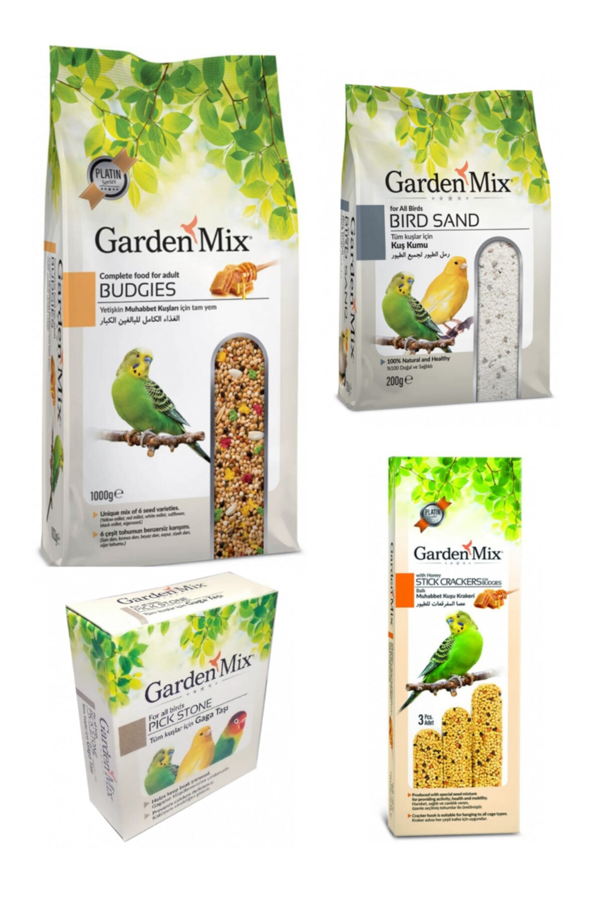 Gardenmix Muhabbet Kuşu Bakım Seti 4’lü Ballı Kuş Yemi 1 Kg - Gaga Taşı-ballı Kuş Krakeri-kuş Kumu