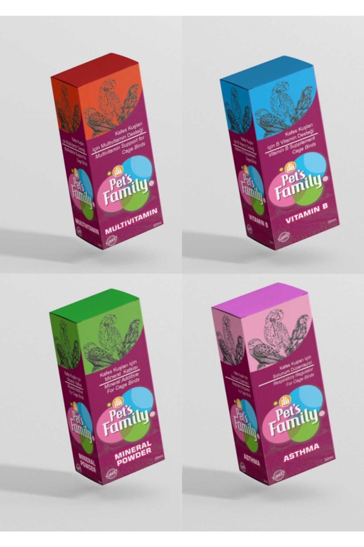 Pets Family Muhabbet Kuşu Bakım Sağlık Seti 4’lü Vitamin B-multivitamin Adec-mineral Powder-asthma