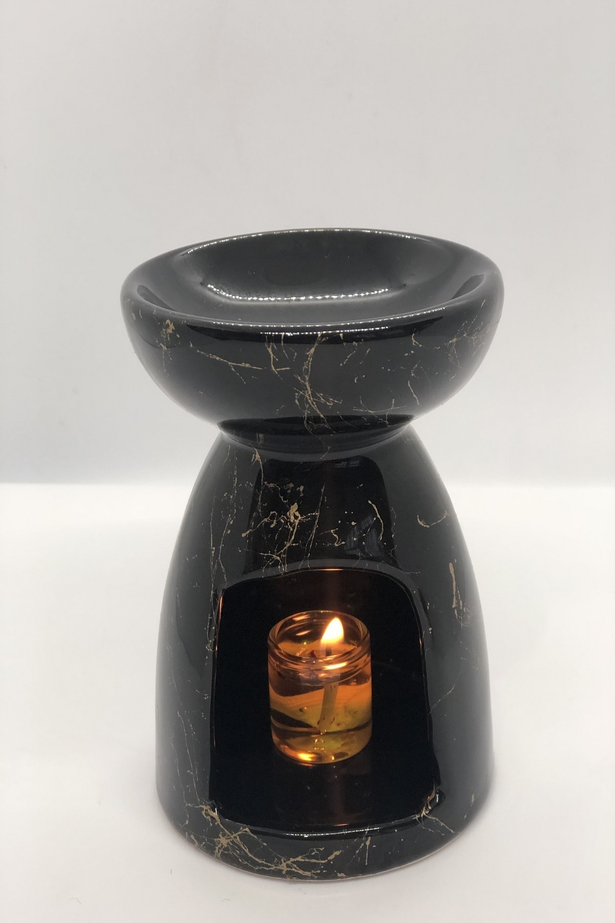 ipek home living Seramik Konik Buhurdanlık Siyah Mermer Desenli