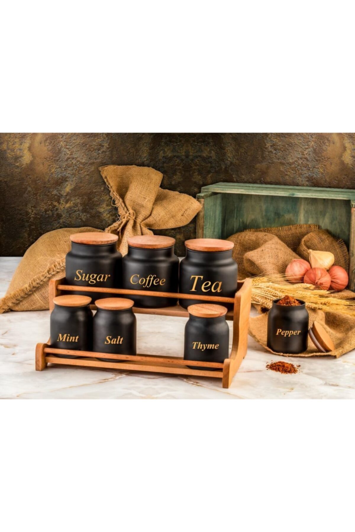 aden glass 7'li Ahşap Standlı Ahşap Kapaklı Siyah Baharat Takımı