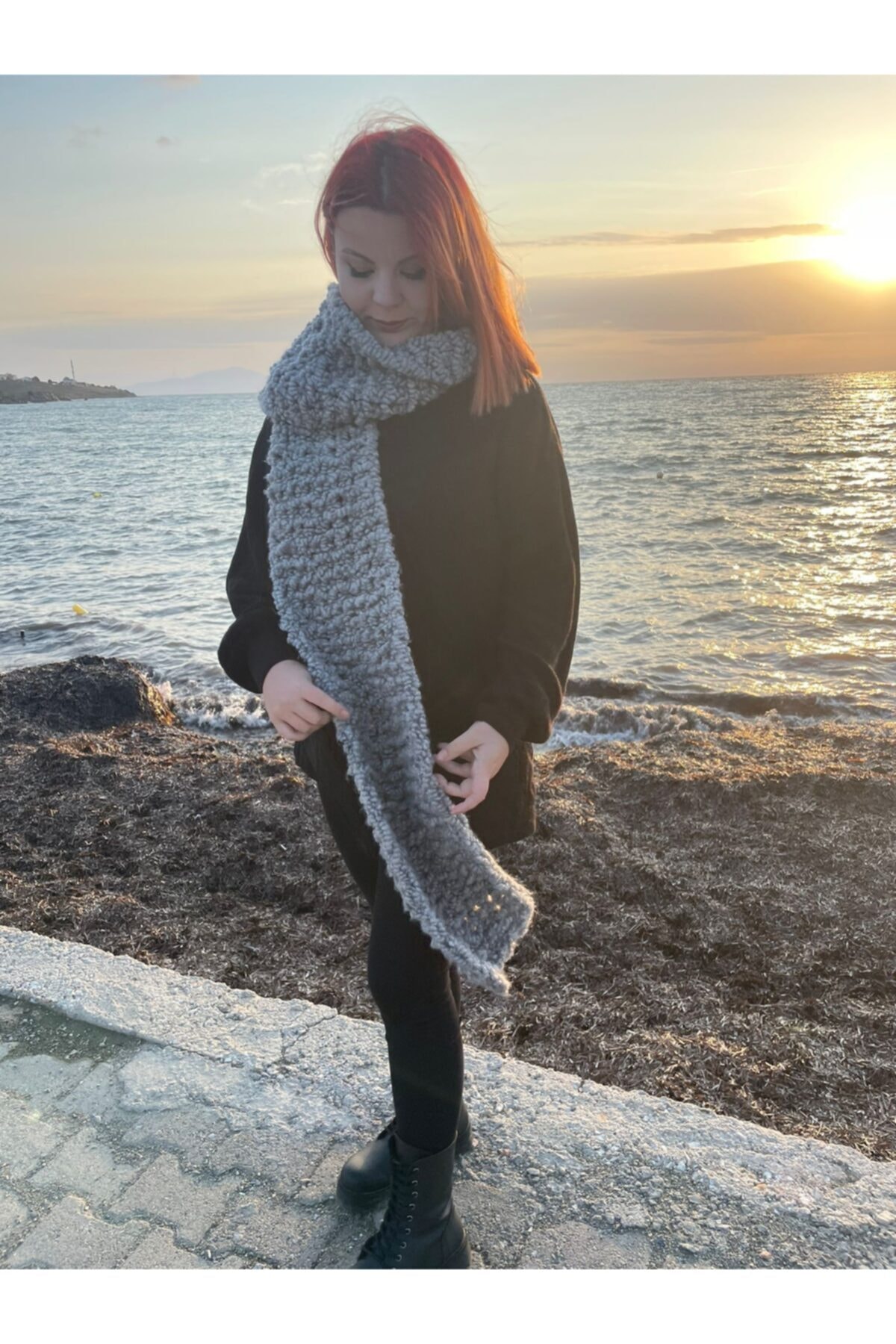 Takı Noktası Gri Renk Haroşa Örnek Uzun Kışlık Kadın Kız Unisex Atkı Şal