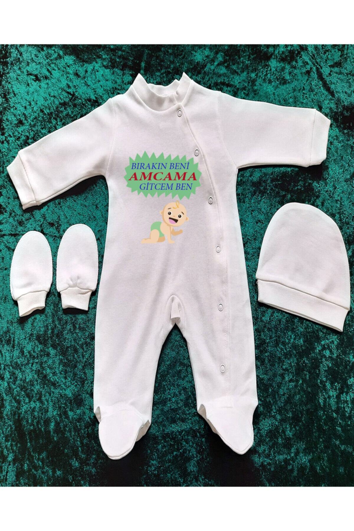 AlazBaby Şintürk 3 Parça Dan Bırakın Beni Amcama Gitcem Ben Yazılı Sevimli Bebek Eldiven Şapka Tulum