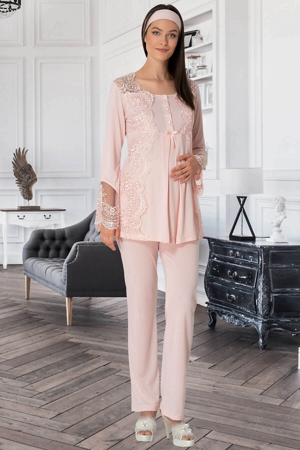 Mecit Pijama Pudra Hamile Lohusa Sabahlık Pijama Gecelik Takım
