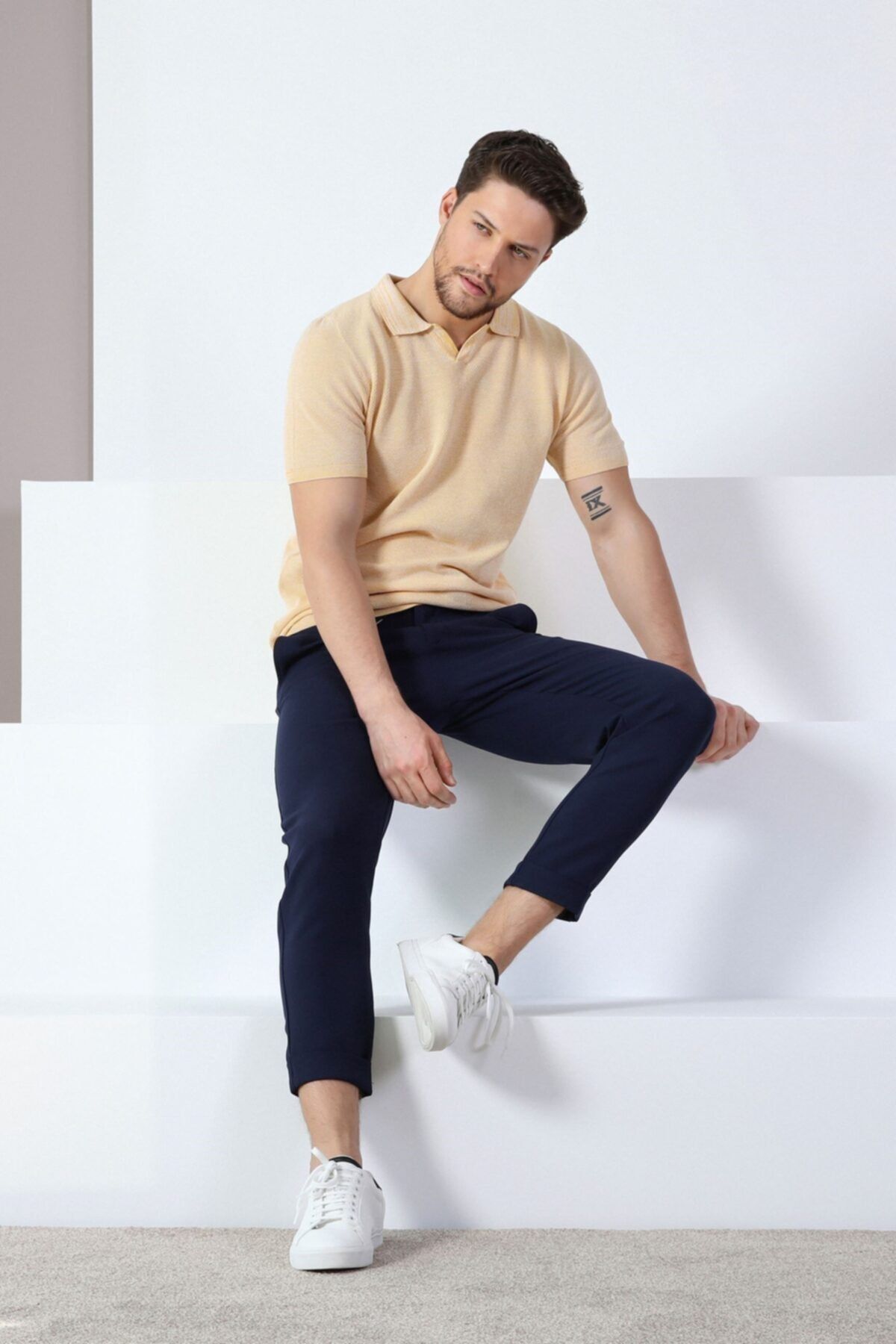 Ferraro Hardal/beyaz Kuşgözü Desenli Polo Yaka %100 Pamuk Erkek Triko T-shirt