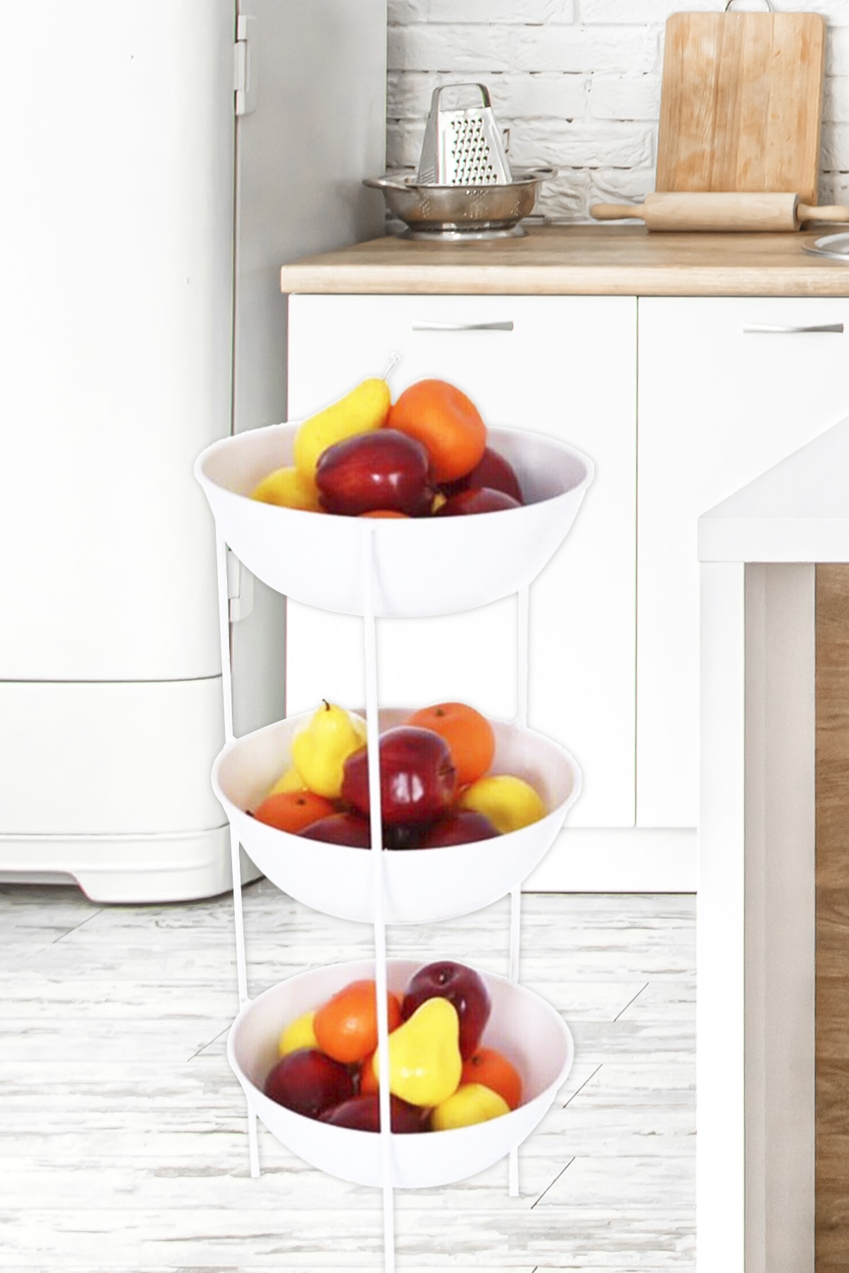 HDR Beyaz Favori 3 Katlı Metal Meyvelik ve Sebzelik