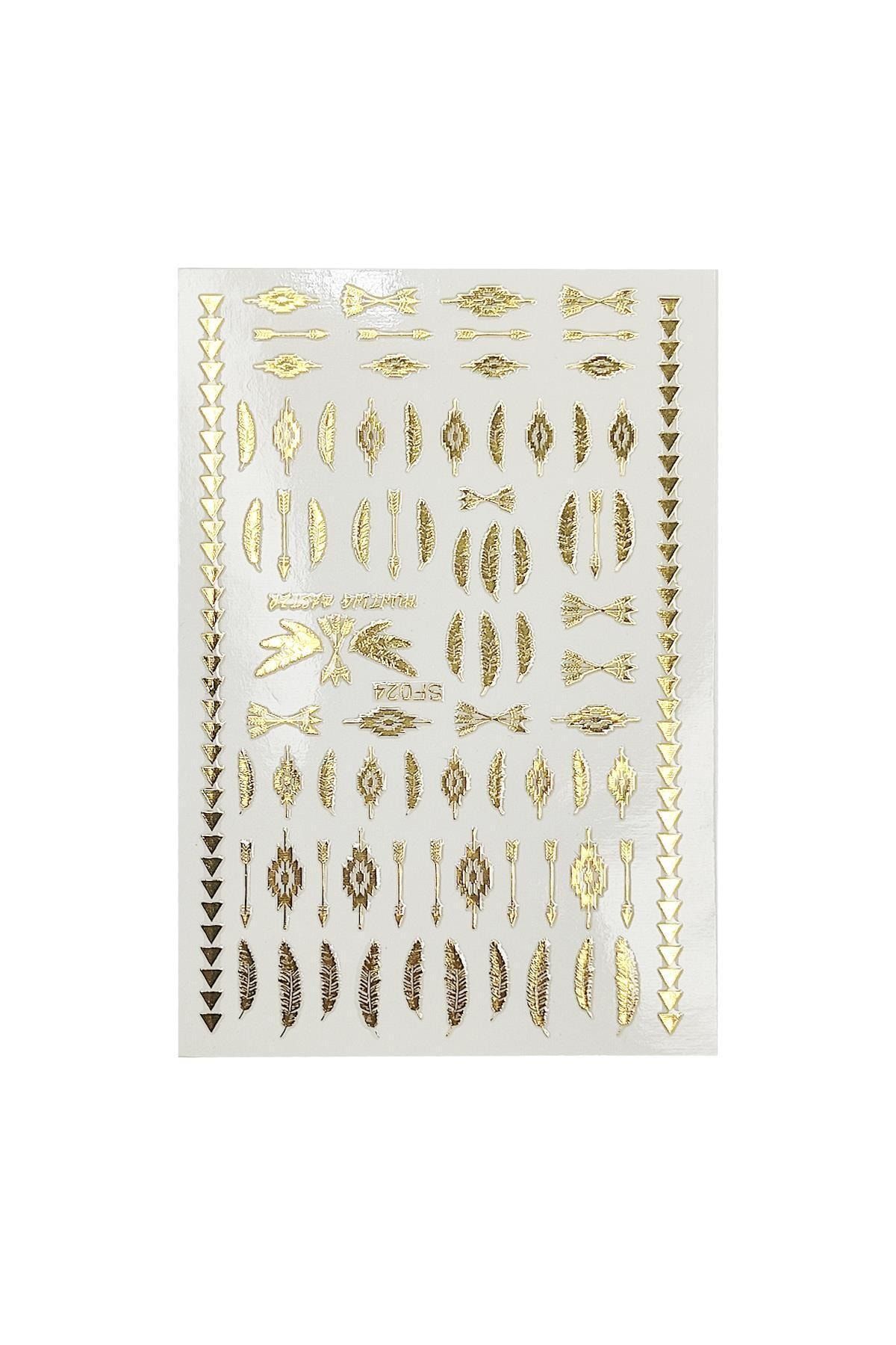 Flash Tattoos® Altın Yaldızlı Tribal Ok Ve Tüy Desenli Kendinden Yapışkanlı Nail Art Süsü