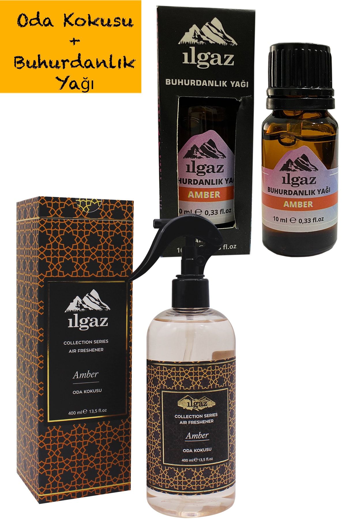 ILGAZ Collectıon 400 Ml Amber Oda Spreyi Kalıcı Oda Kokusu + 10 Ml Amber Yağı Buhurdanlık Kokusu