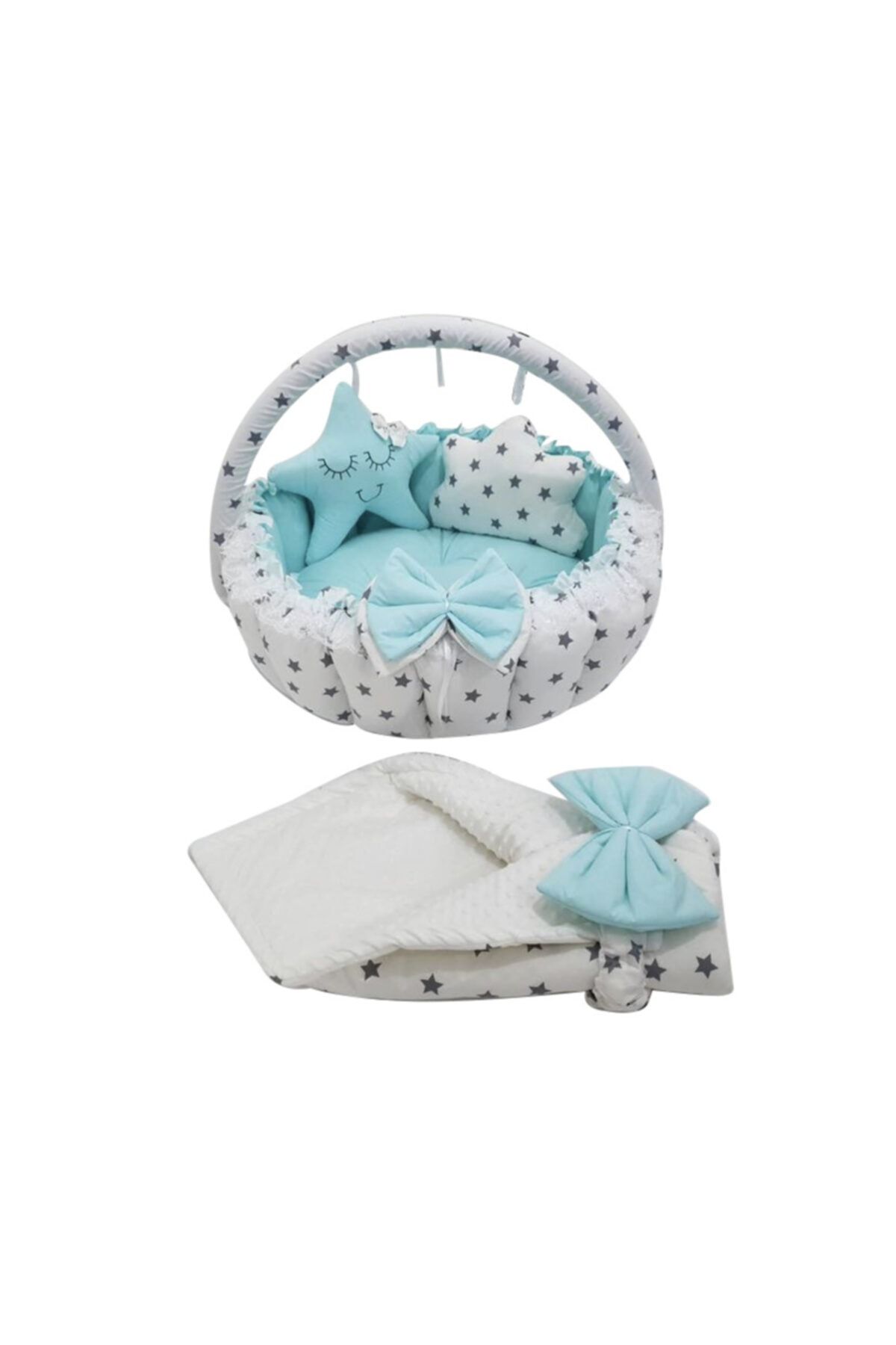 Jaju Baby Gri Yıldız-su Yeşili Tasarım Açılır - Kapanır Oyun Minderi Cibinlik Aparatlı Babynest