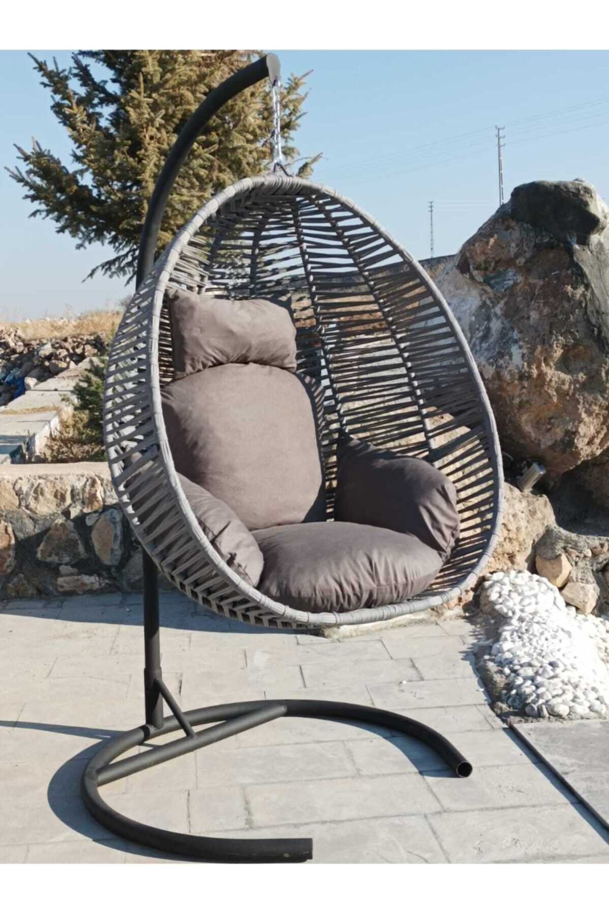 Karaçelik metal Antrasit Bahçe Balkon Tek Kişilik Makrome İp Örgü Fındık Armut Salıncak Hamak