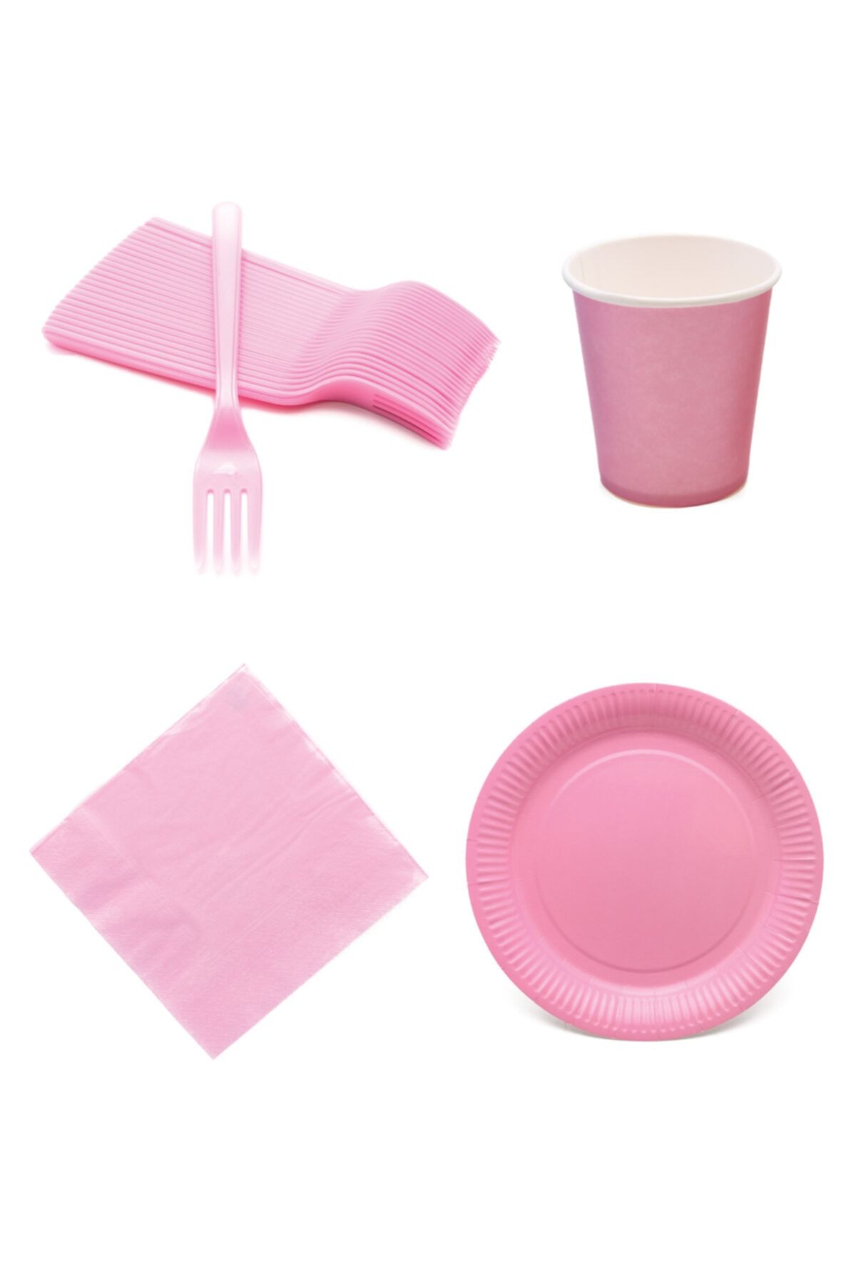 Lora Wedding Pembe Renkli Plastik Çatal, Peçete, Karton Bardak ve Tabak Seti