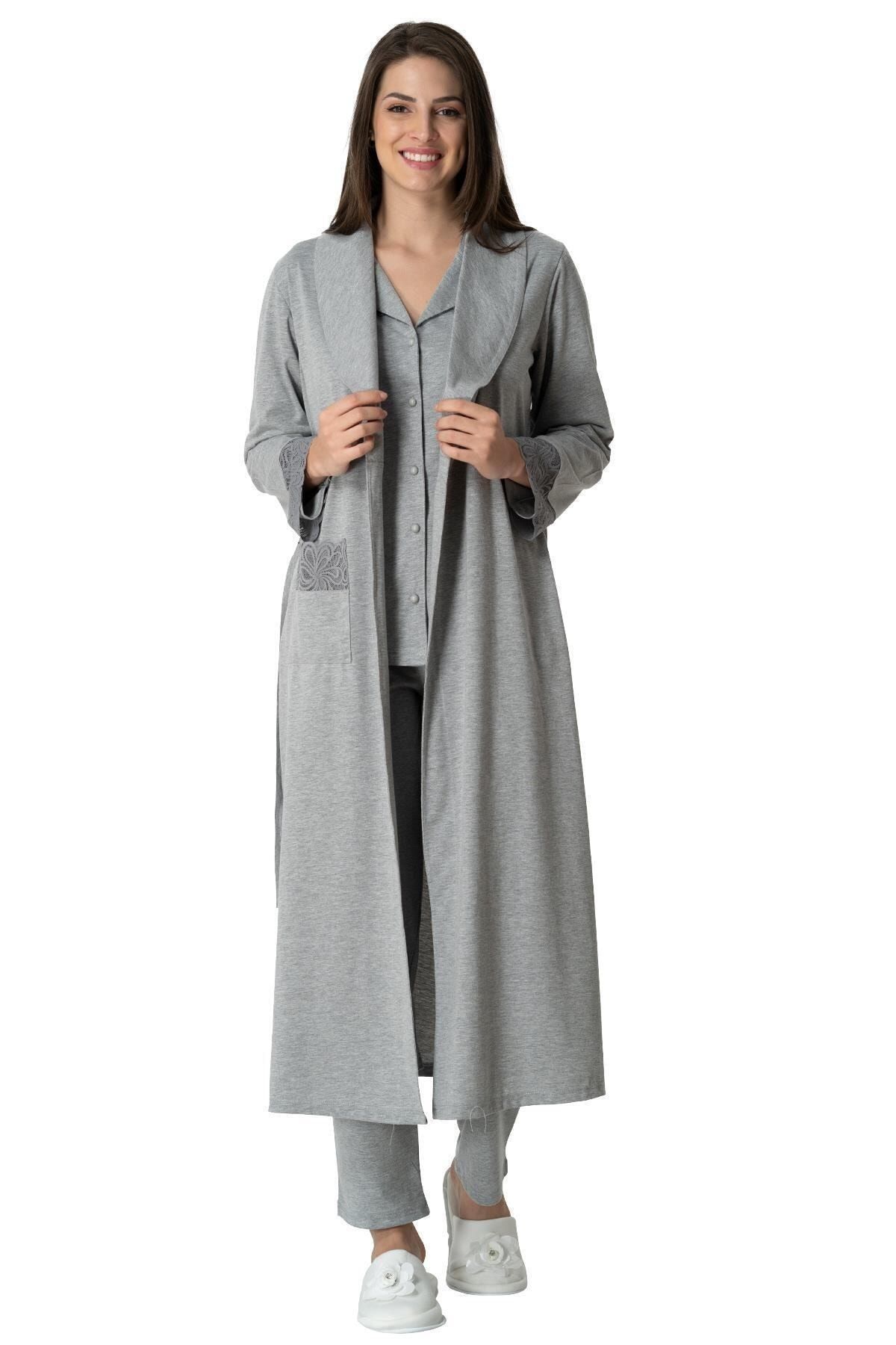 Mecit Pijama Kadın Gri Uzun Sabahlıklı Lohusa Pijama Takımı