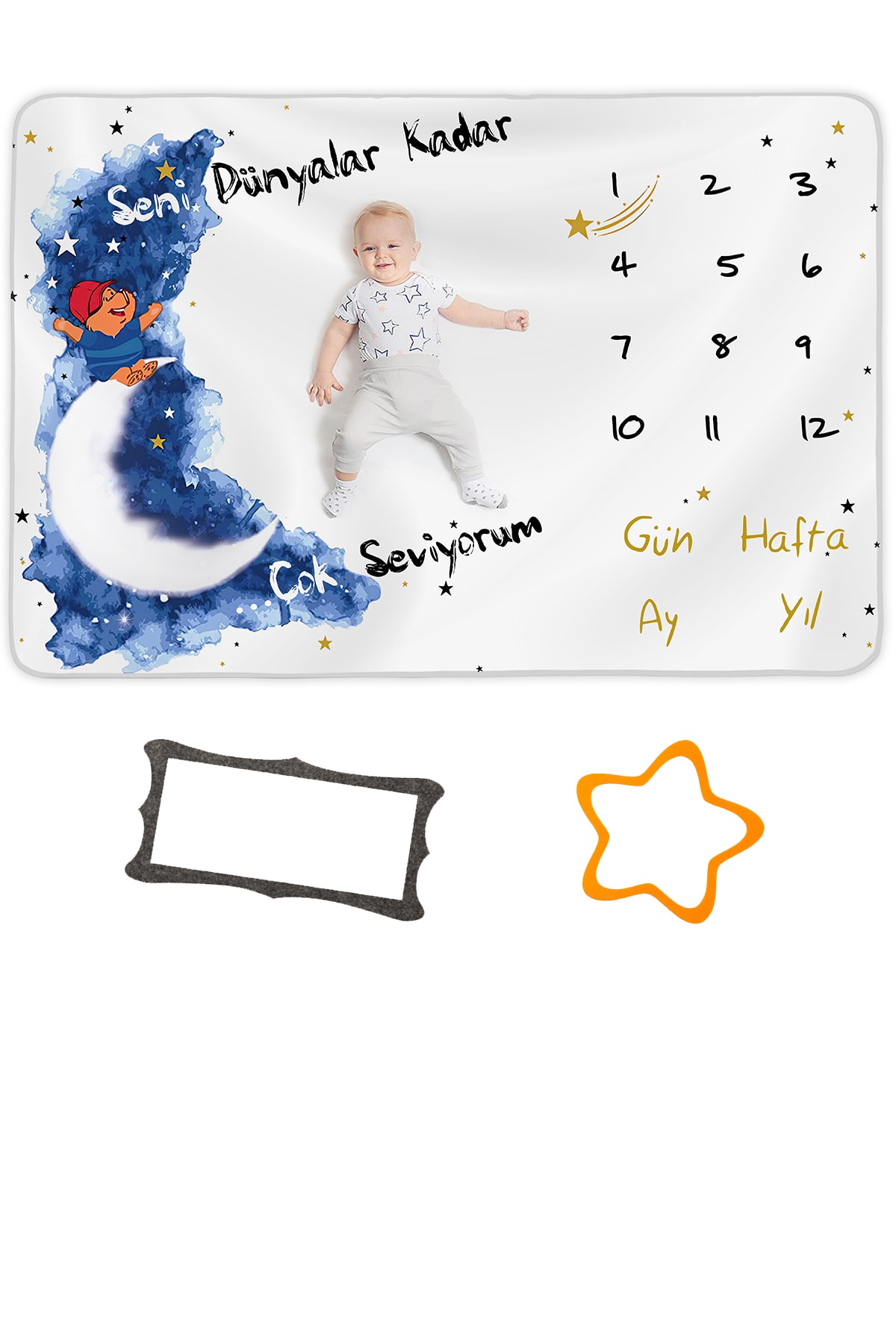 Moky Design Bebek Battaniyesi Anı Polar 150x100cm, Erkek Bebek Yenidoğan Battaniye Aylık Fotoğraf Çekim Örtüsü