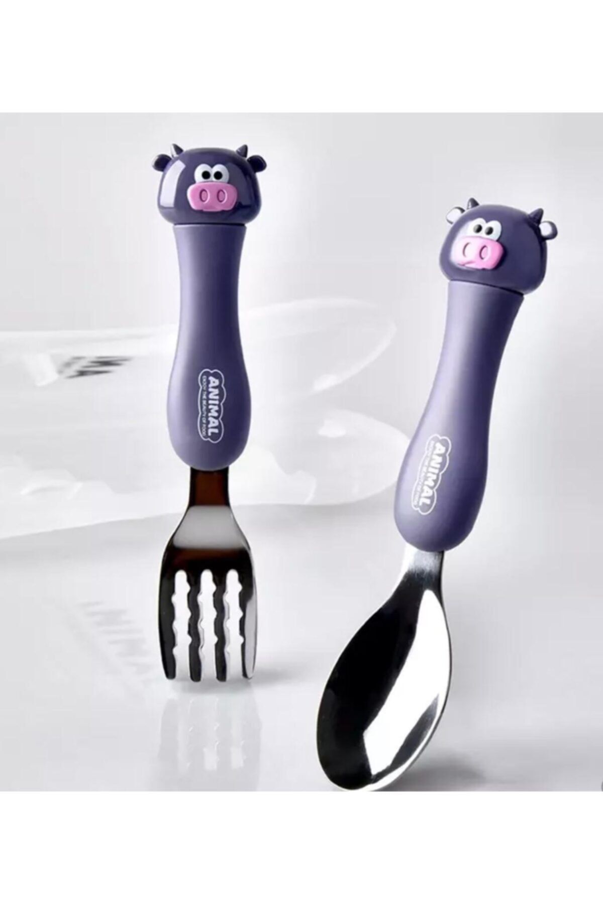 Animal Spoonfork Anımal Purple Sevimli Inek Karikatür Çatal Kaşık Seti Spoonfork Purple Bear