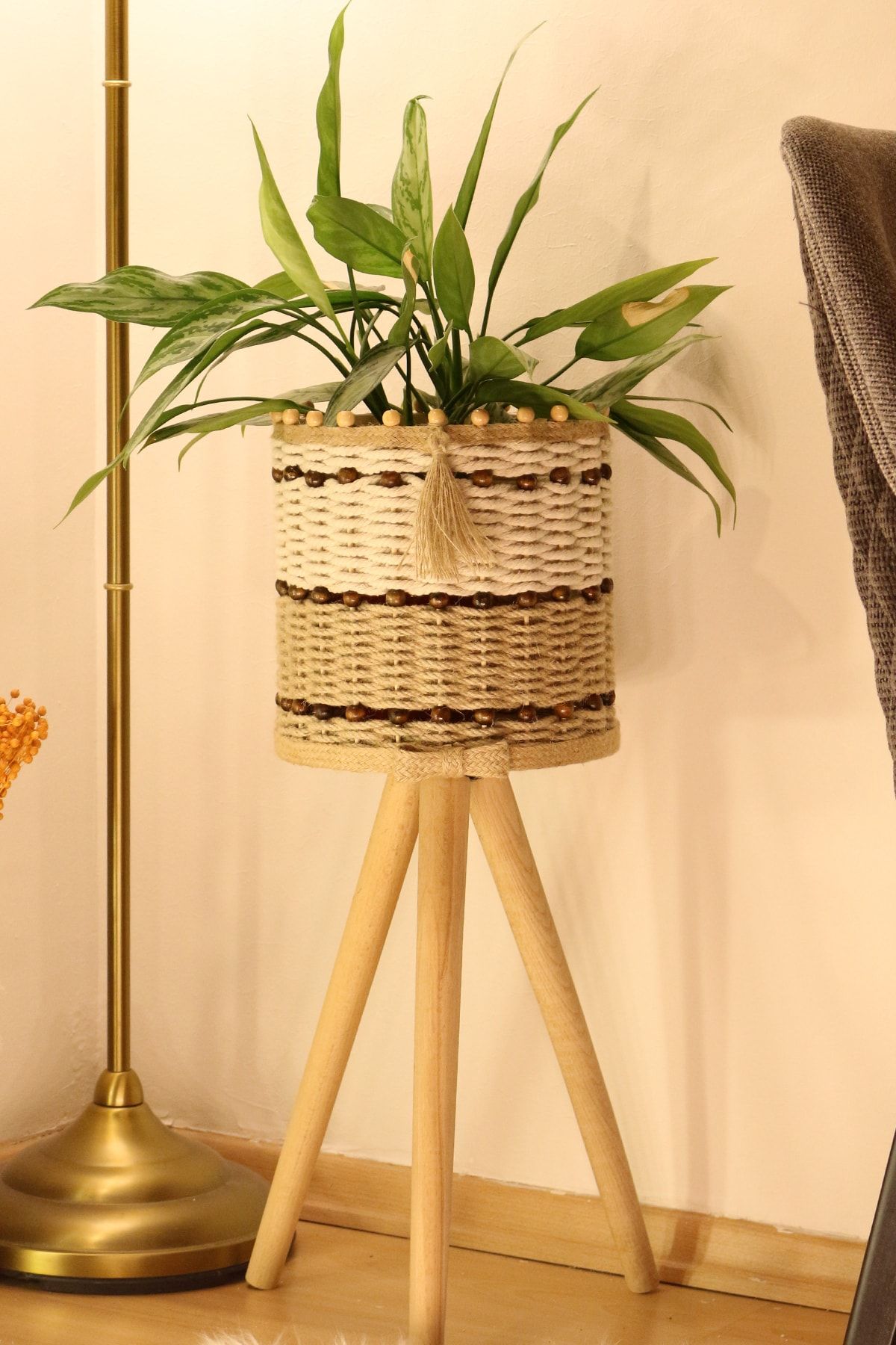 Monchi Jüt Örgü Ahşap Saksılık Naturel 46 Cm