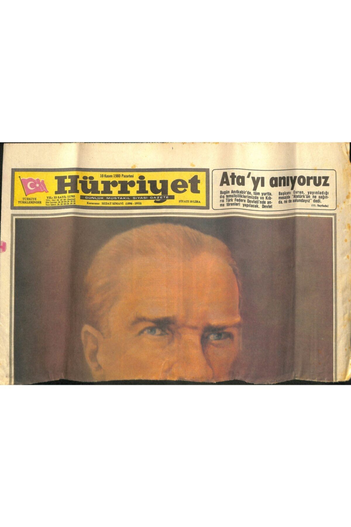 Gökçe Koleksiyon Hürriyet Gazetesi 10 Kasım 1980 - Atatürk 99 Yaşında