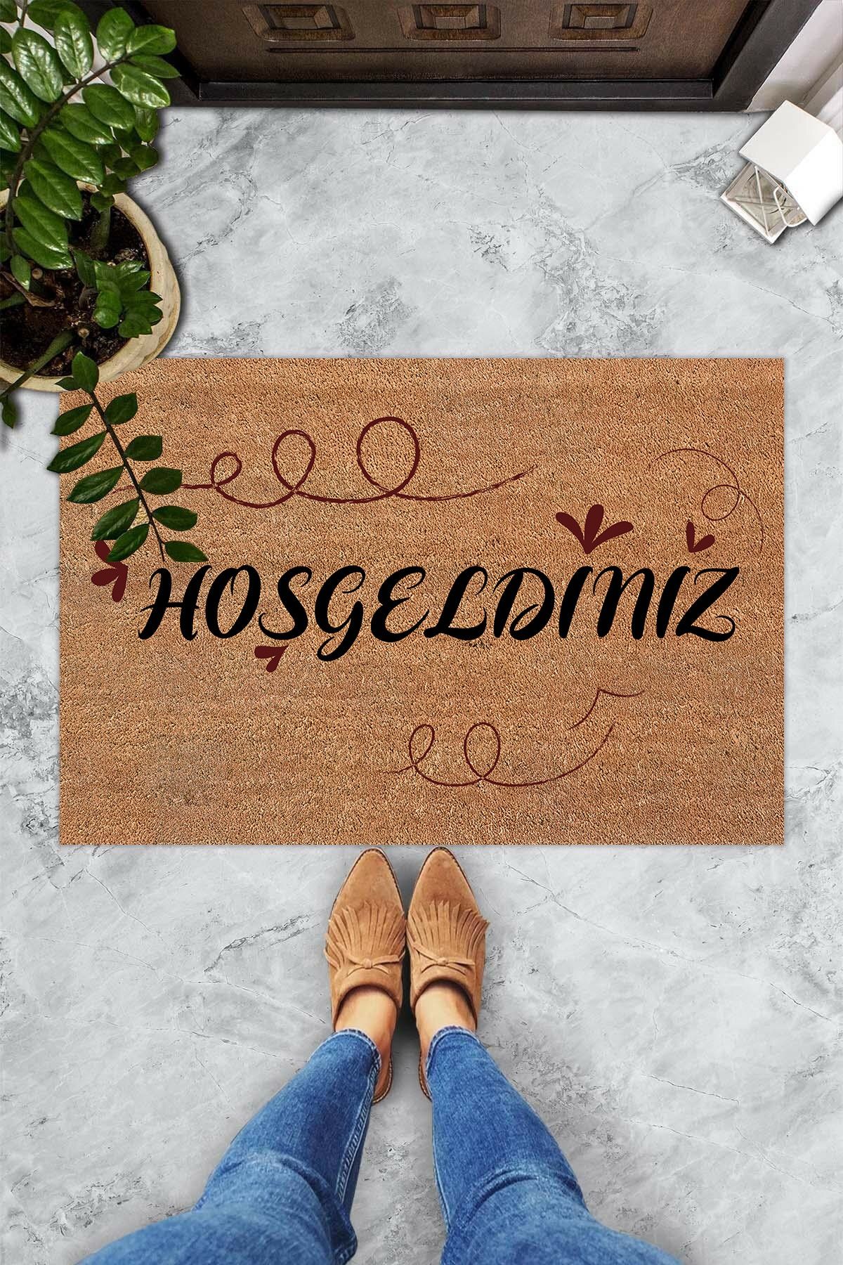 Evsebu Hoş Geldiniz Neşeli Font Dekoratif Kapı Önü Paspası