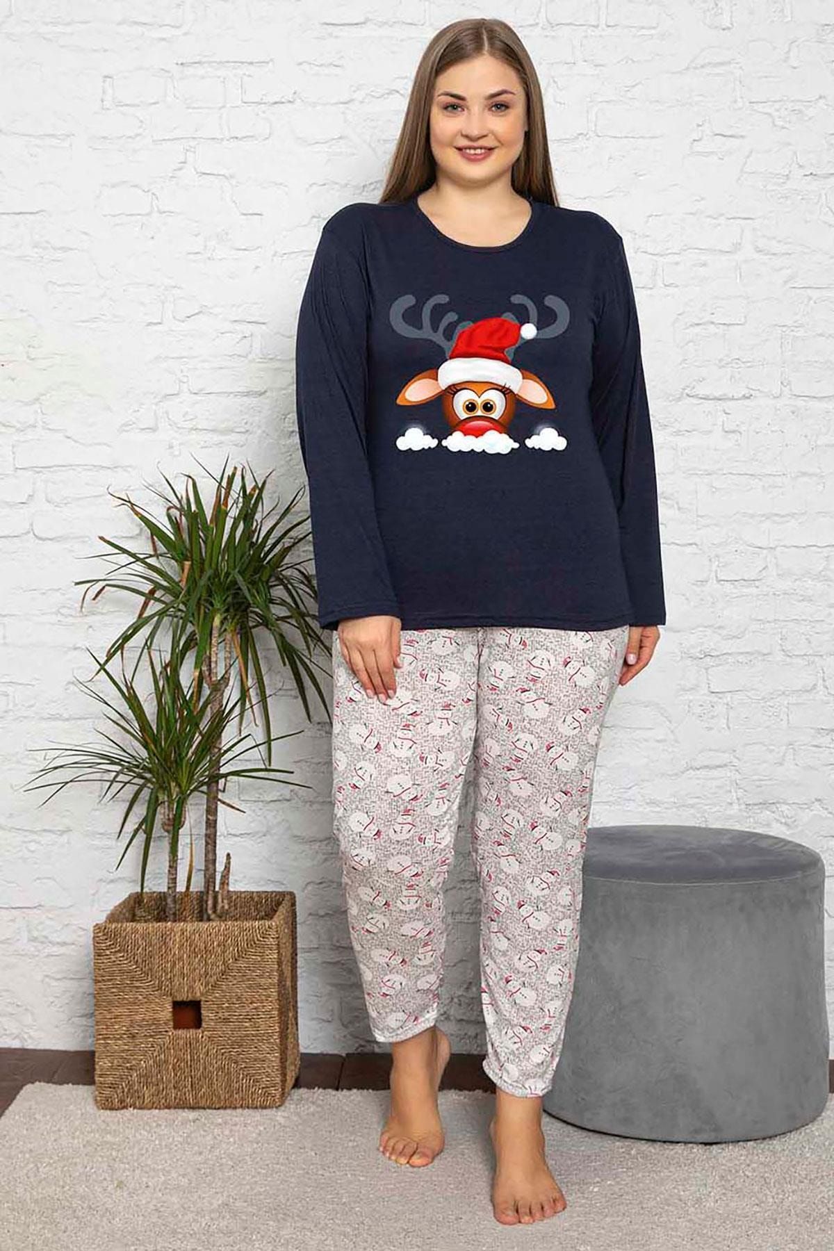 Siyezen Büyük Beden Geyik Baskılı Yılbaşı Konsepti Şardonlu Lacivert Pijama Takımı