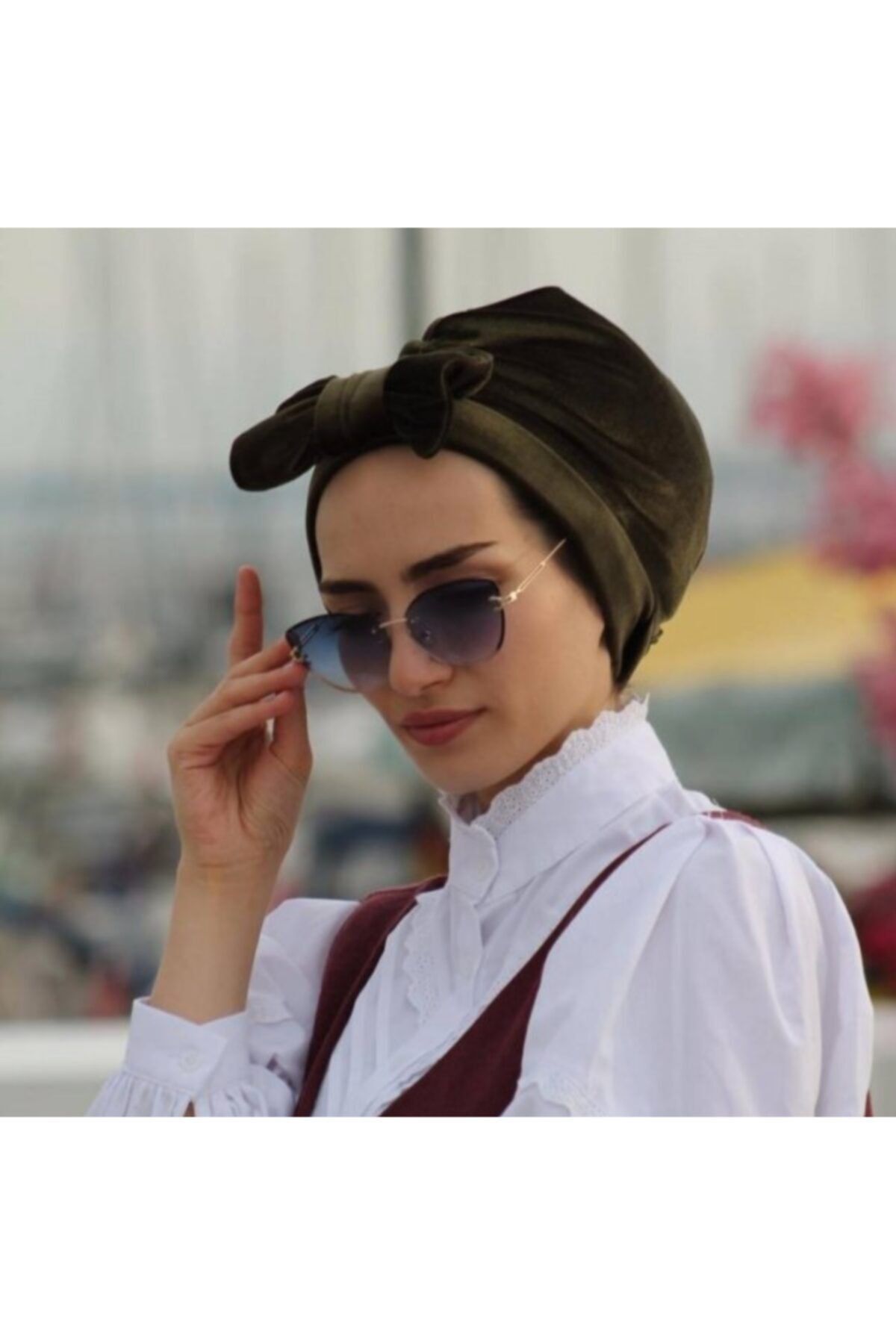DİFEN MODA Kadife Haki Çift Taraflı Fiyonk Bone Kadife Şal Kadife Boneşal