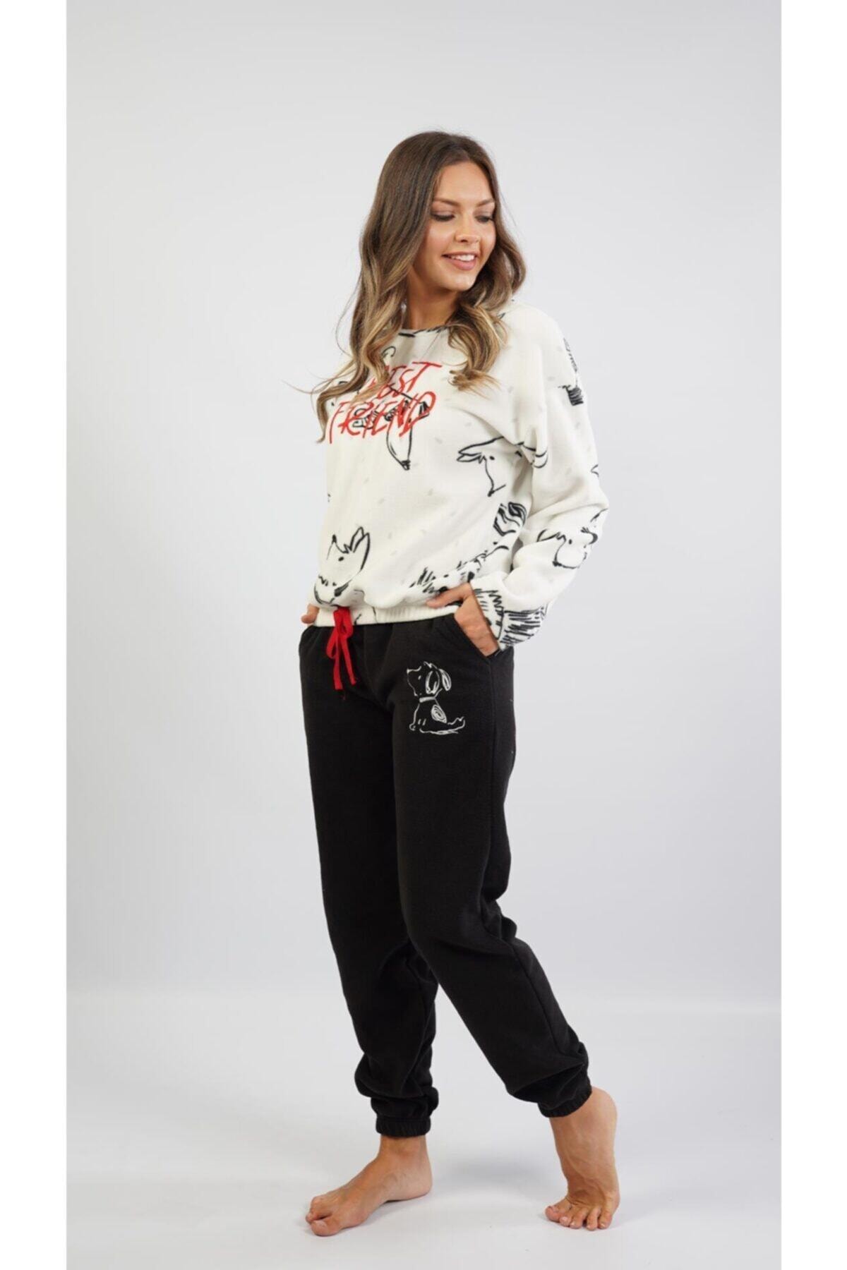 VİENETTA 104027-266 Kadın Uzun Kol Polar Siyah Pijama Takımı