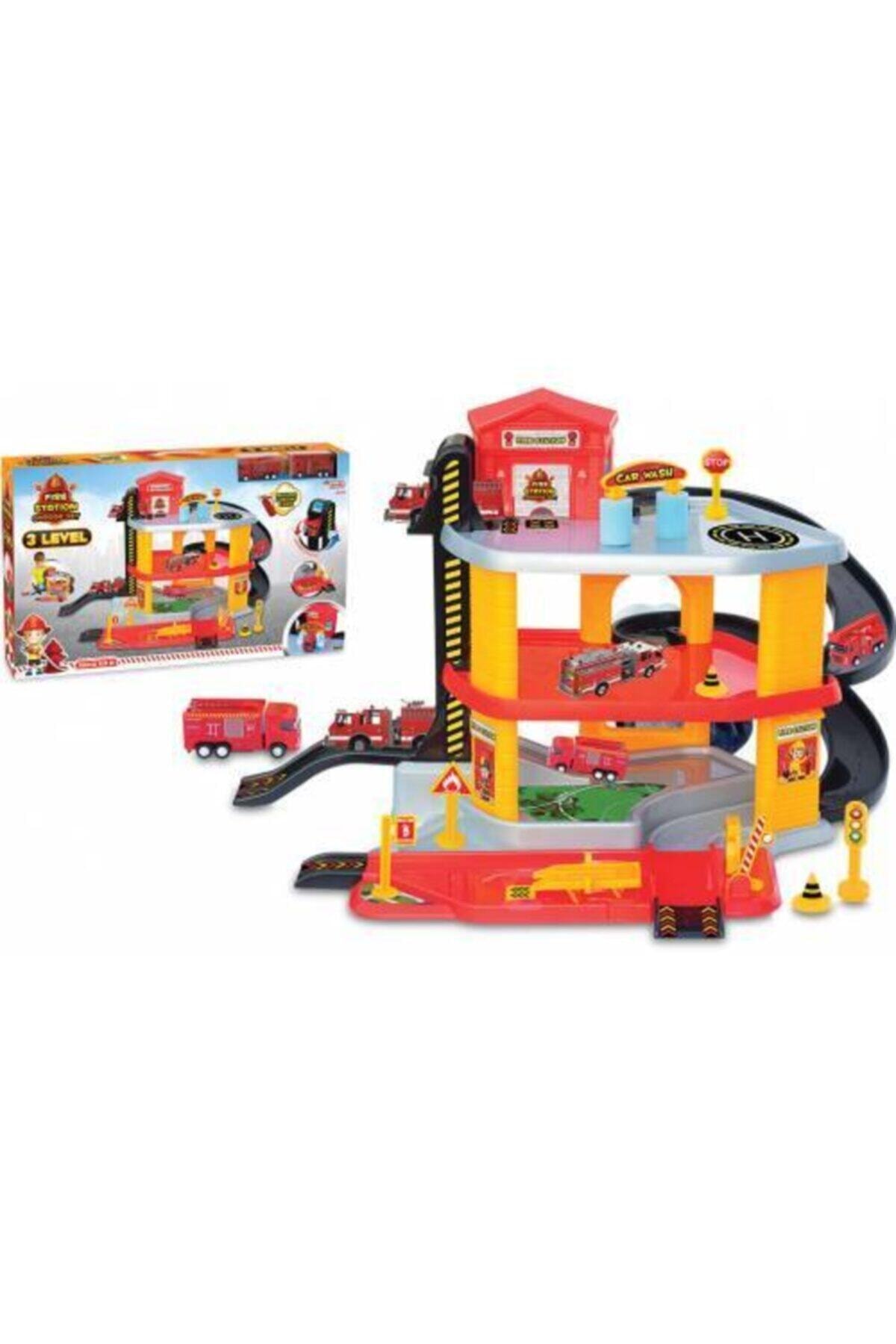DEDE Itfaiye 3 Katlı Oyuncak Itfaiye Garaj Otopark Seti-2 Metal Araba Hediyeli Otopark Seti