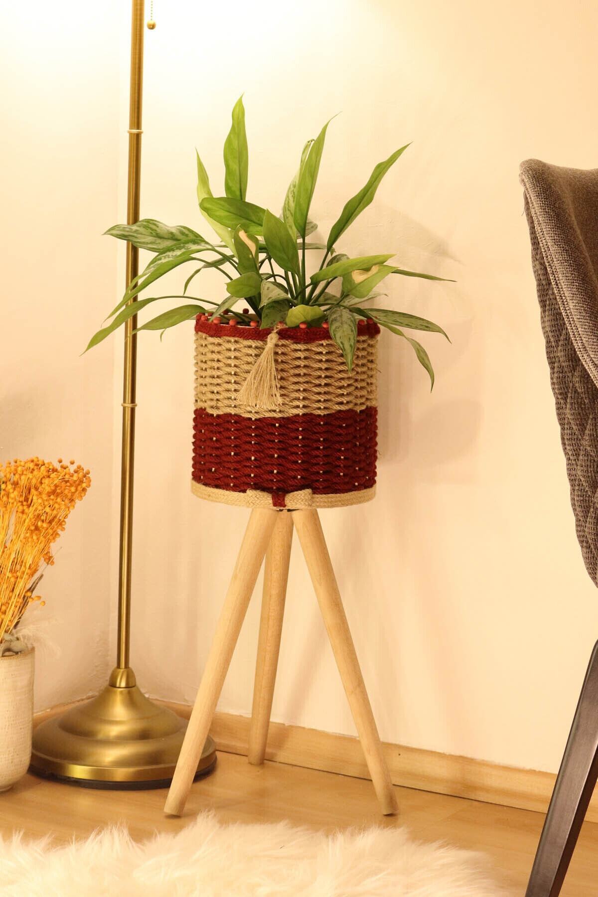 Monchi Jüt Örgü Ahşap Saksılık Naturel/koyu Kırmızı 46 Cm
